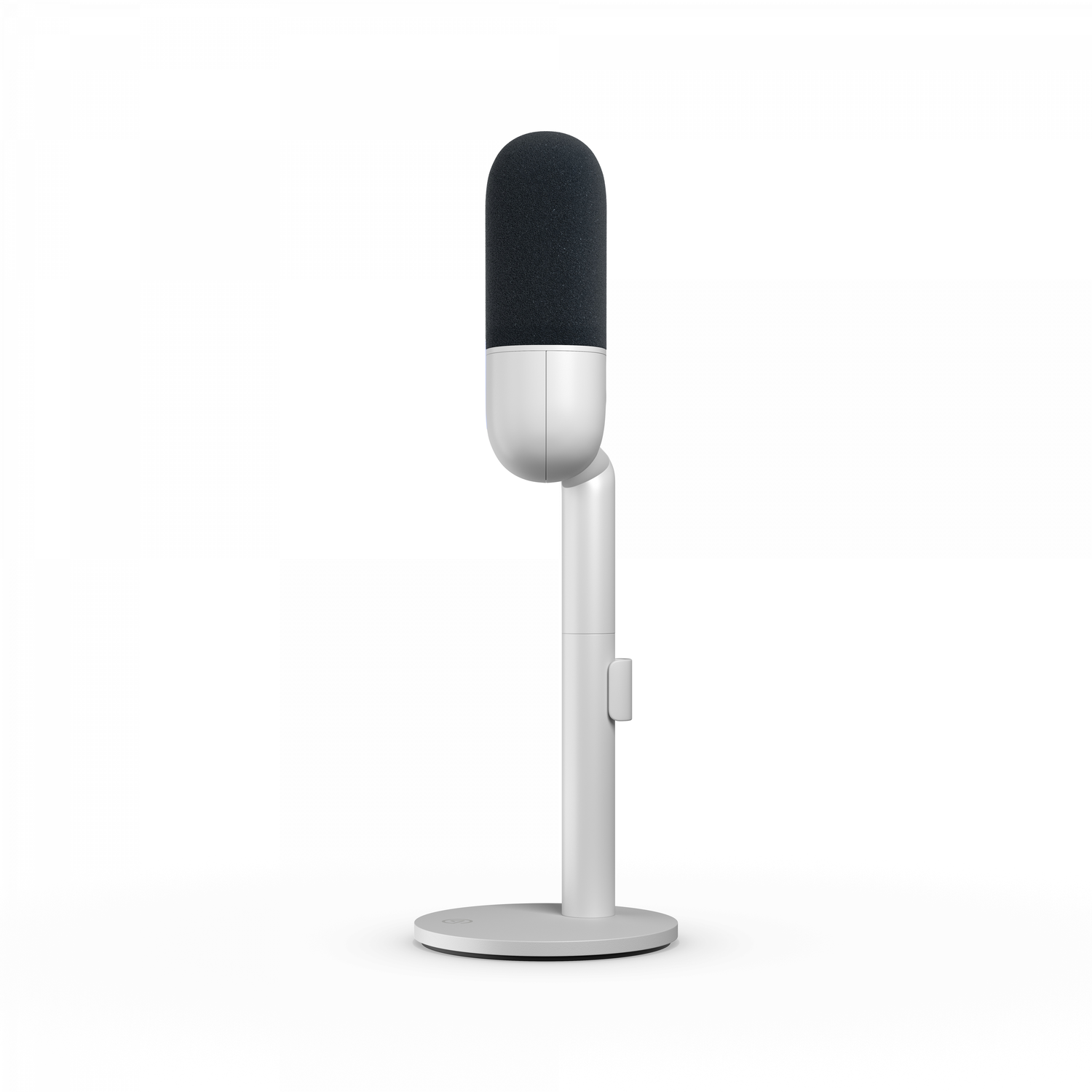 A modern microphone on a stand. It has a dark grey mesh top, white body and stand.