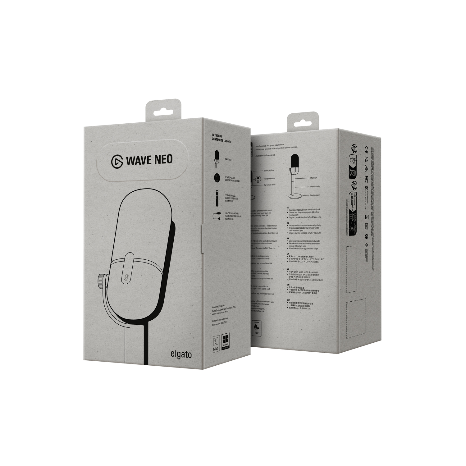 Two Elgato Wave Neo microphone boxes. The boxes have a microphone outline and text.