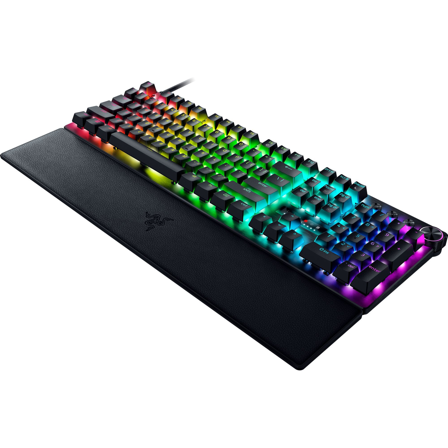 A Razer keyboard with rainbow-colored keys and a black wrist rest, angled on a white surface.