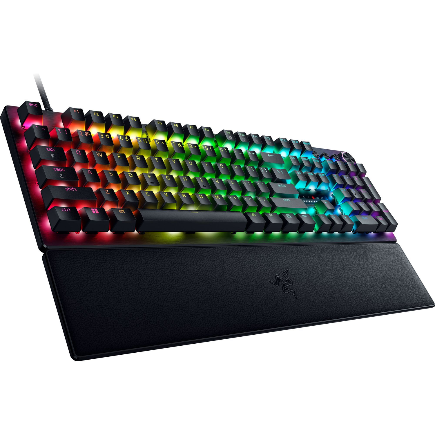A backlit gaming keyboard with a wrist rest, displaying colorful keys against a white background.