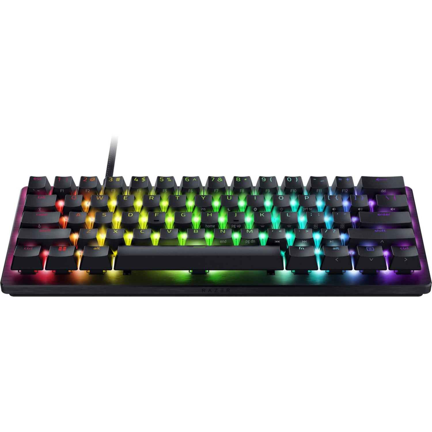 Black mechanical keyboard with rainbow-colored keys and lights.