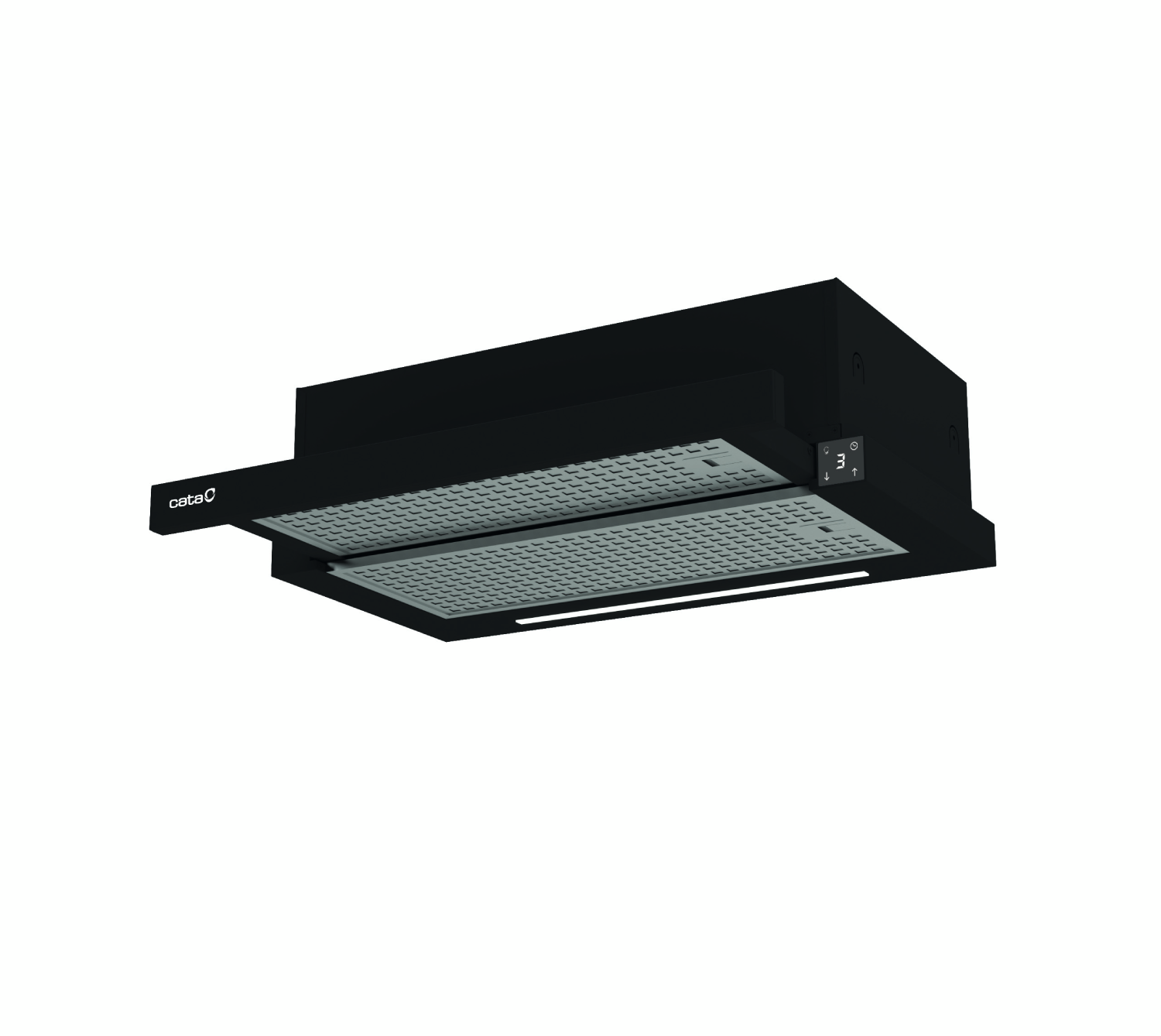 Campana extractora negra con rejilla y pantalla plateadas.