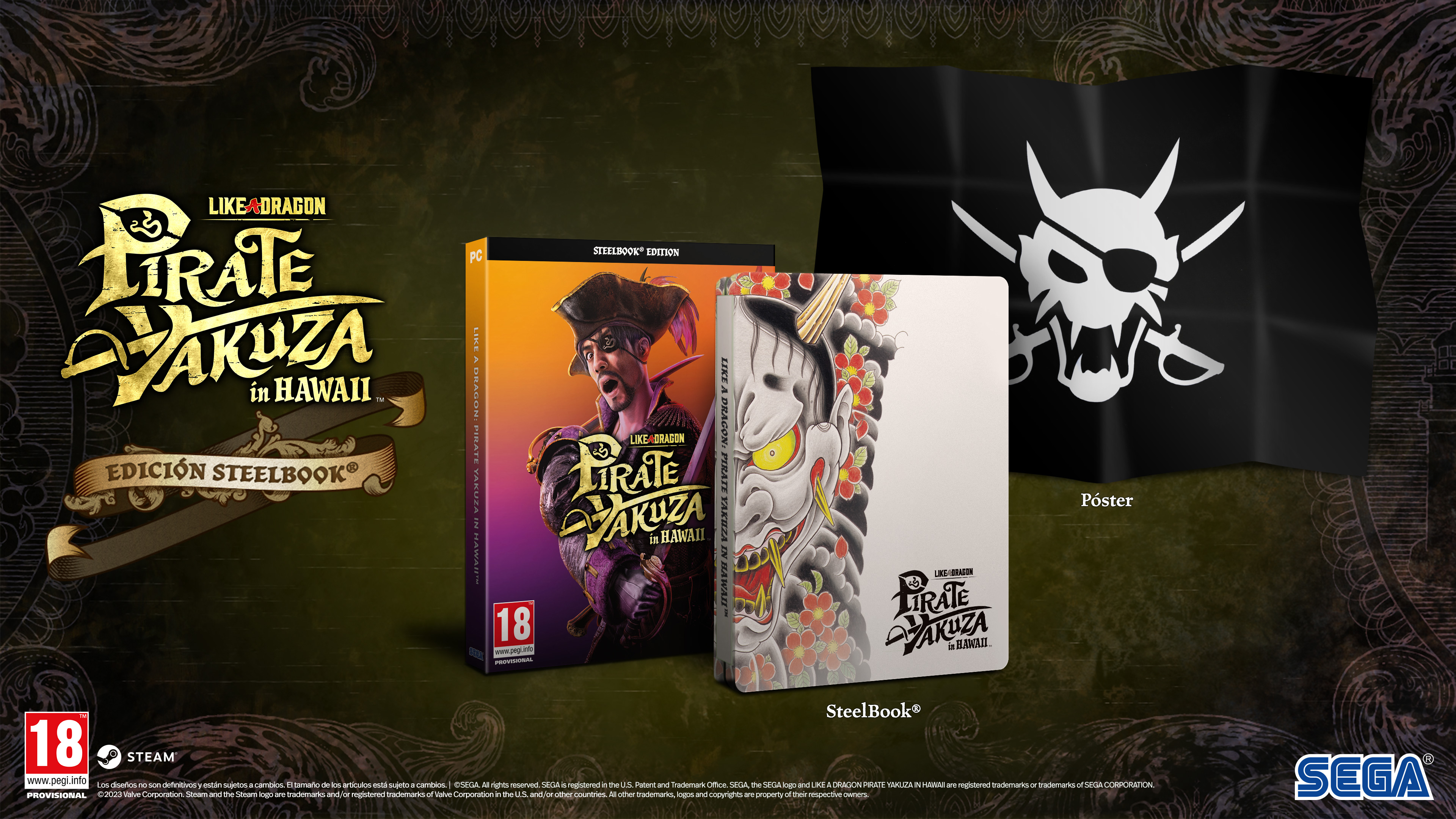 Caja de juego con el título 'Like a Dragon: Pirate Yakuza in Hawaii' y bandera de calavera.
