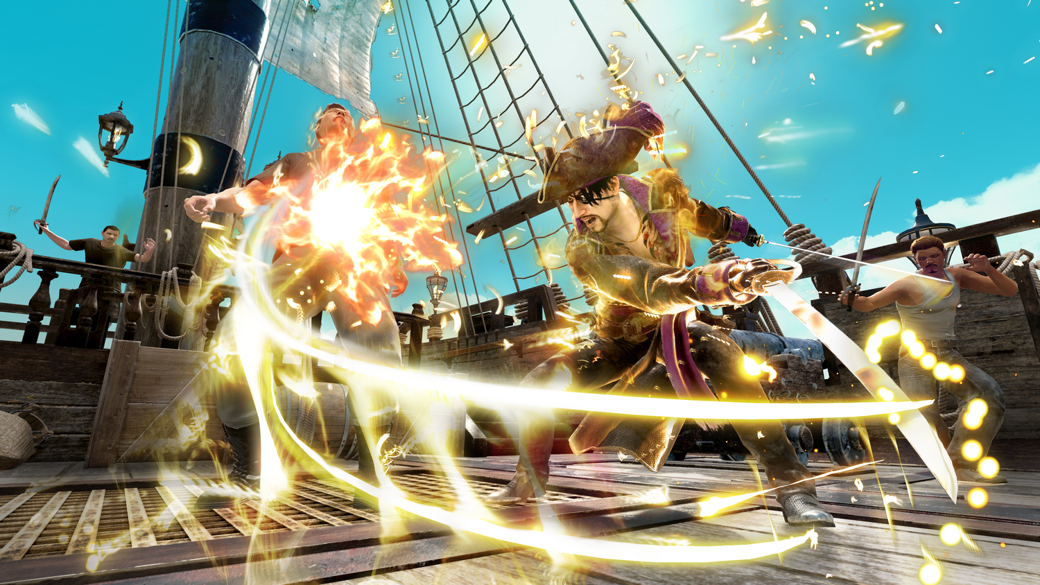 Escena de videojuego pirata con lucha de espadas en la cubierta de un barco.