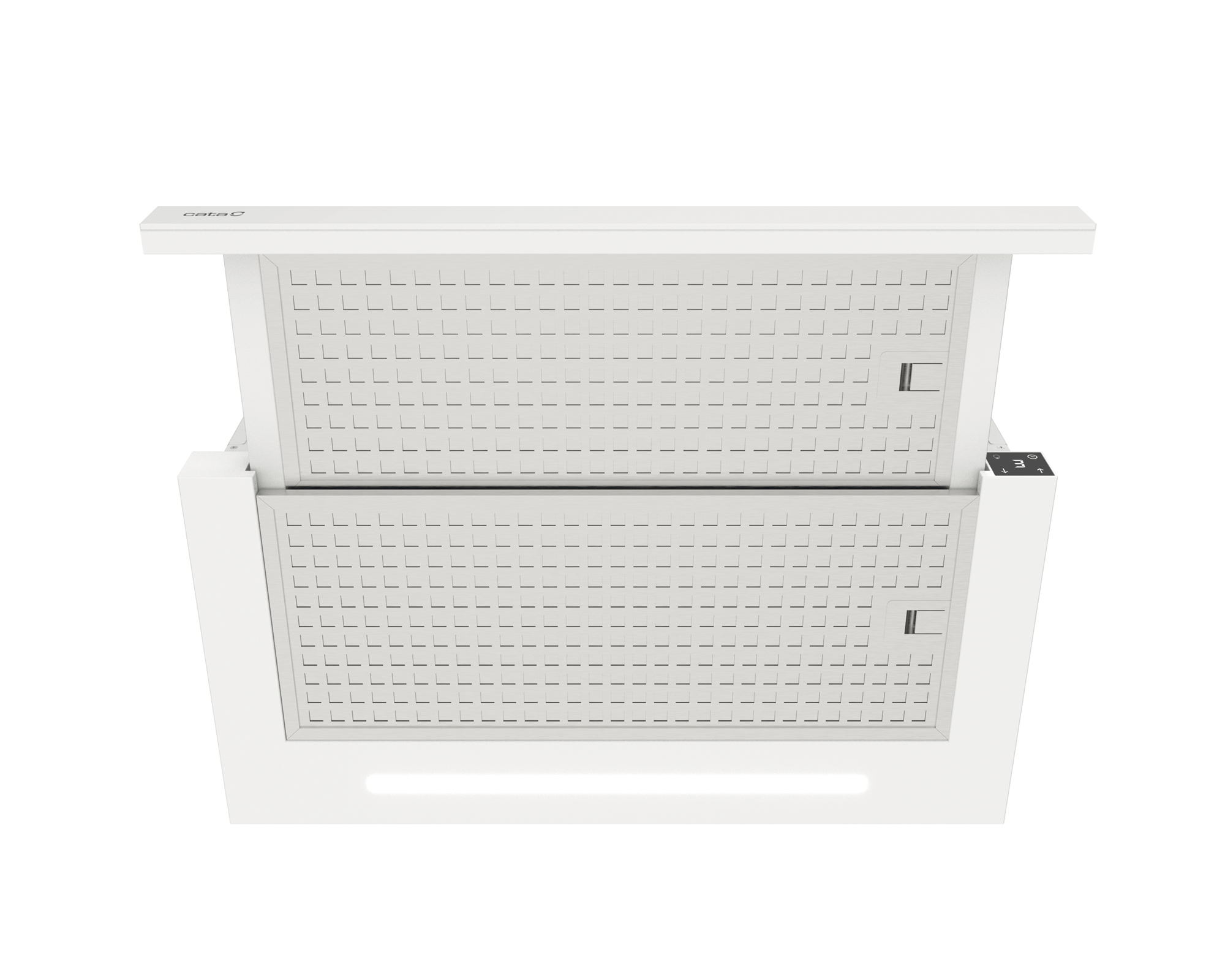 La parte trasera de un proyector blanco con varios puertos, entrada de alimentación y una cubierta de tela.