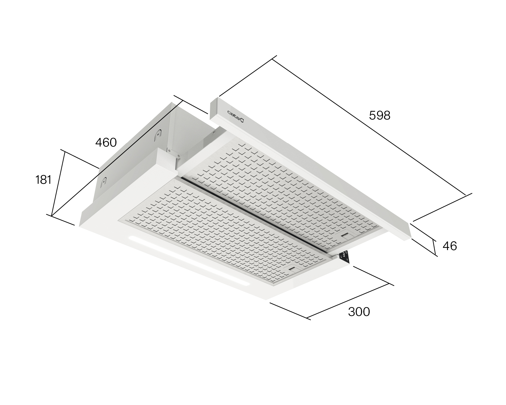 Campana extractora blanca con dimensiones etiquetadas en un dibujo técnico.