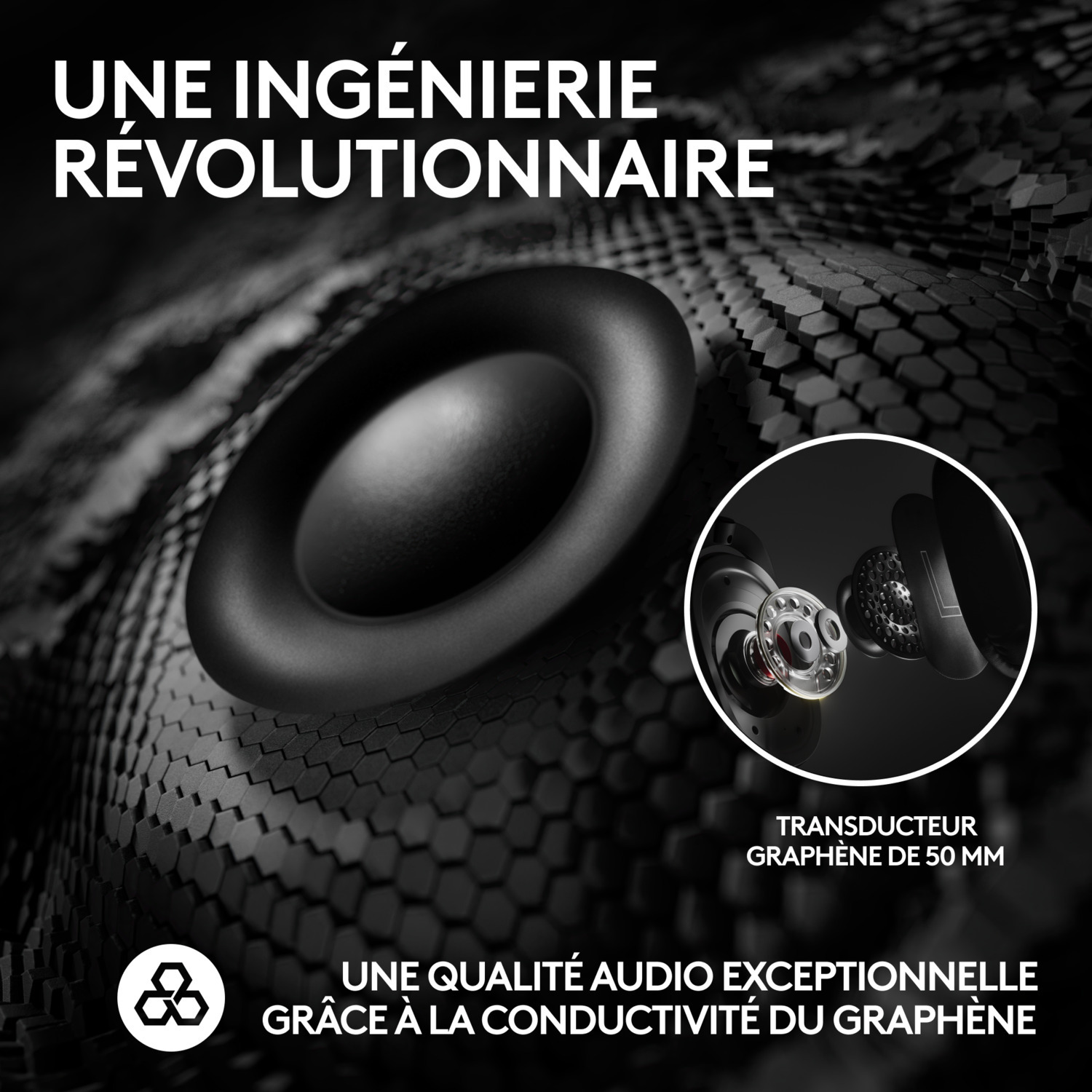 Une image d'un haut-parleur, avec du texte en français décrivant la qualité audio et un composant en graphène.