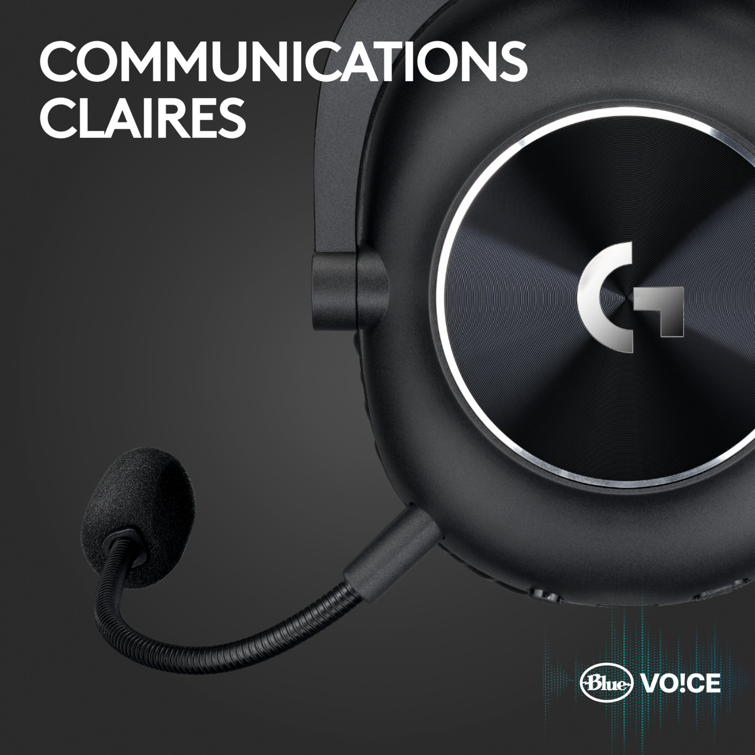 Casque noir avec micro et logo. Texte : Communications claires.