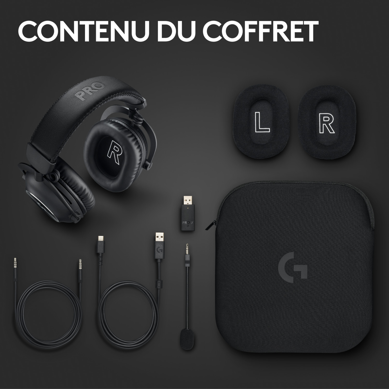 Contenu d'une boîte de casque noire : casque, coussinets, câbles et étui de transport.
