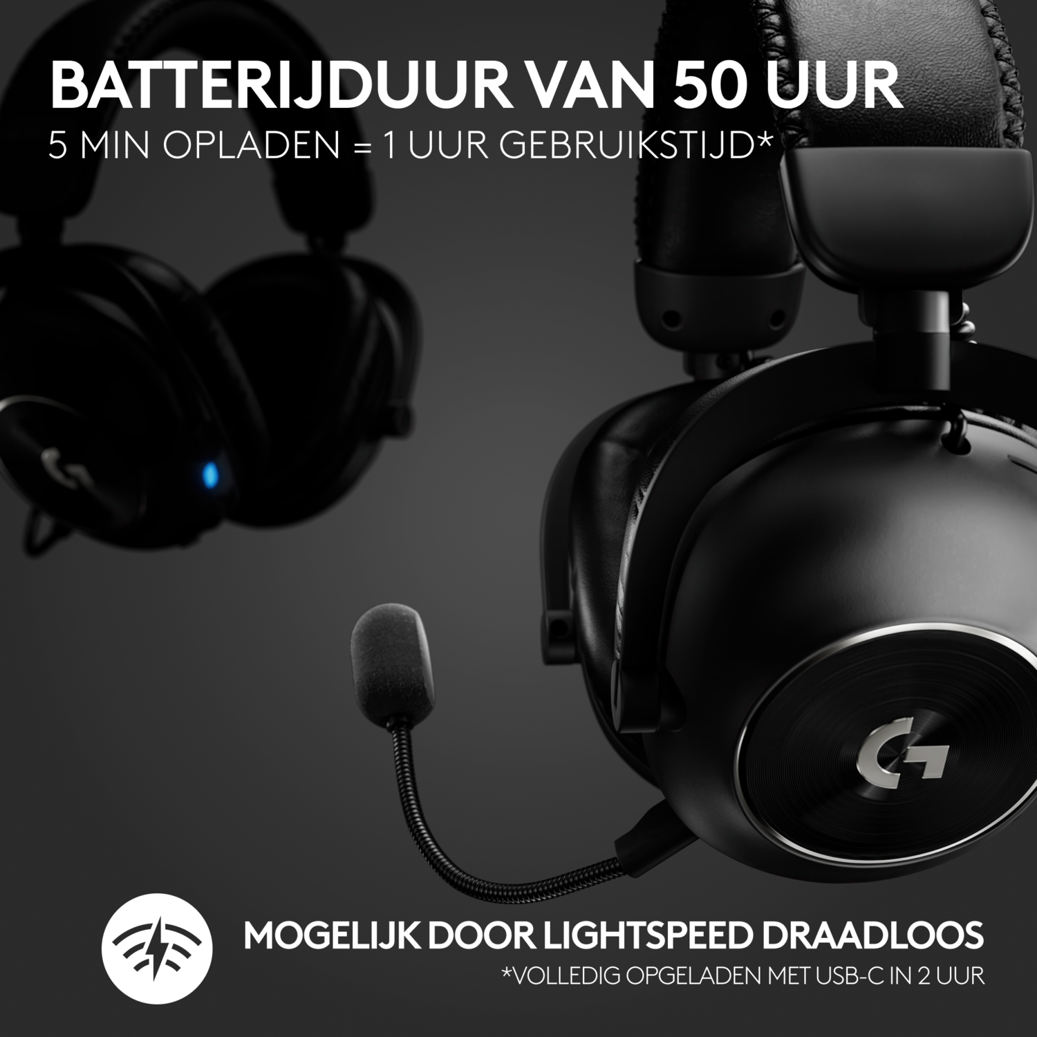 Black gaming headset with microphone, dark background.