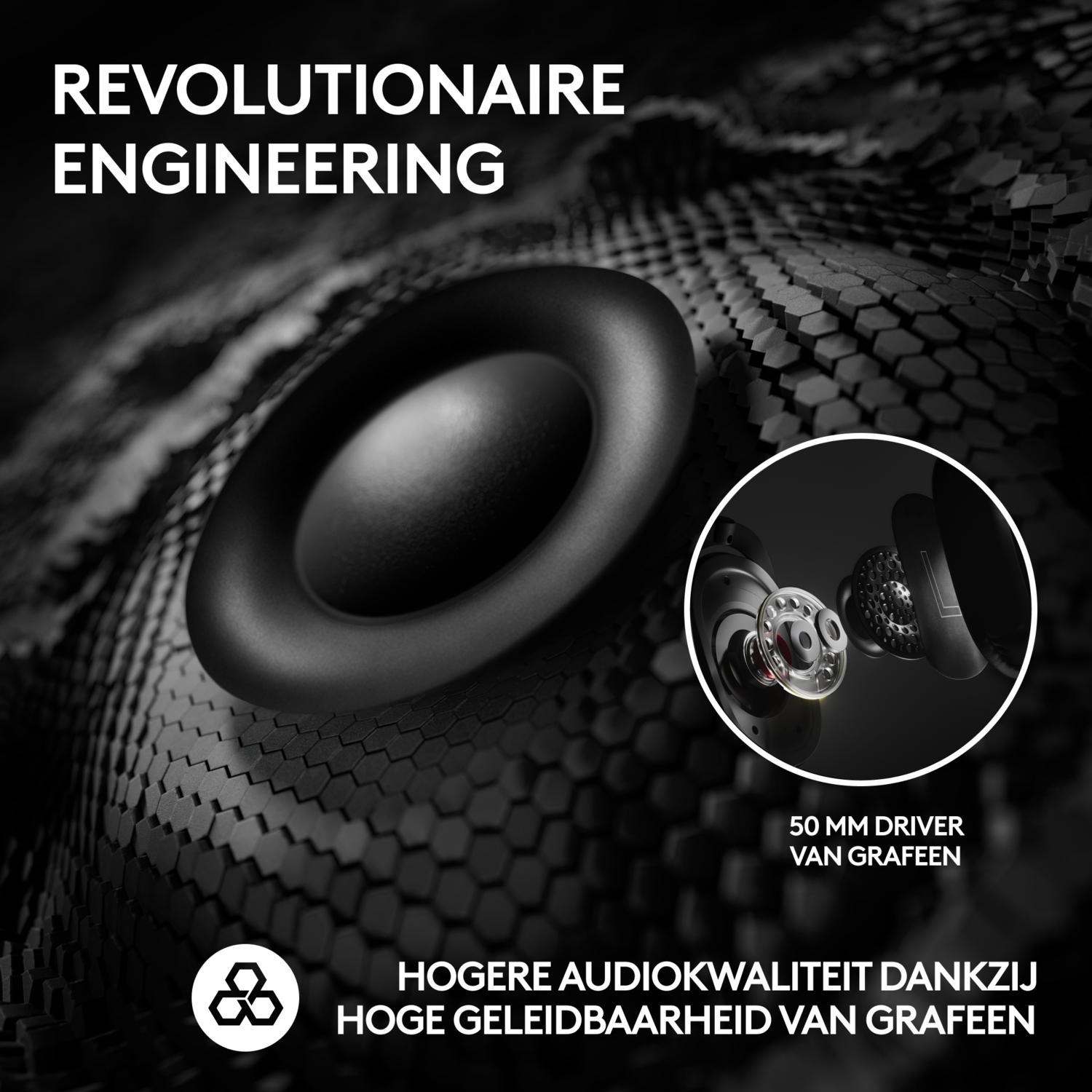 Earphone speaker detail close-up. Text: revolutionary engineering, 50mm driver.