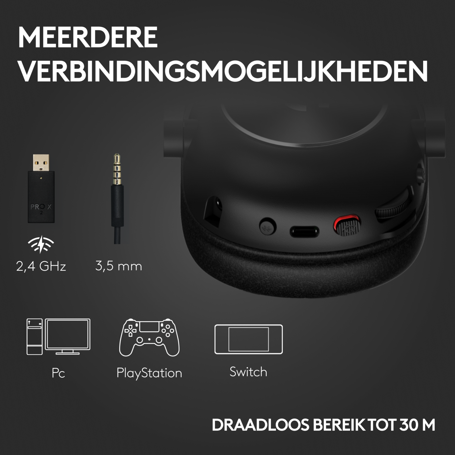 Close-up of black headphones with connection icons and text, on a black background.