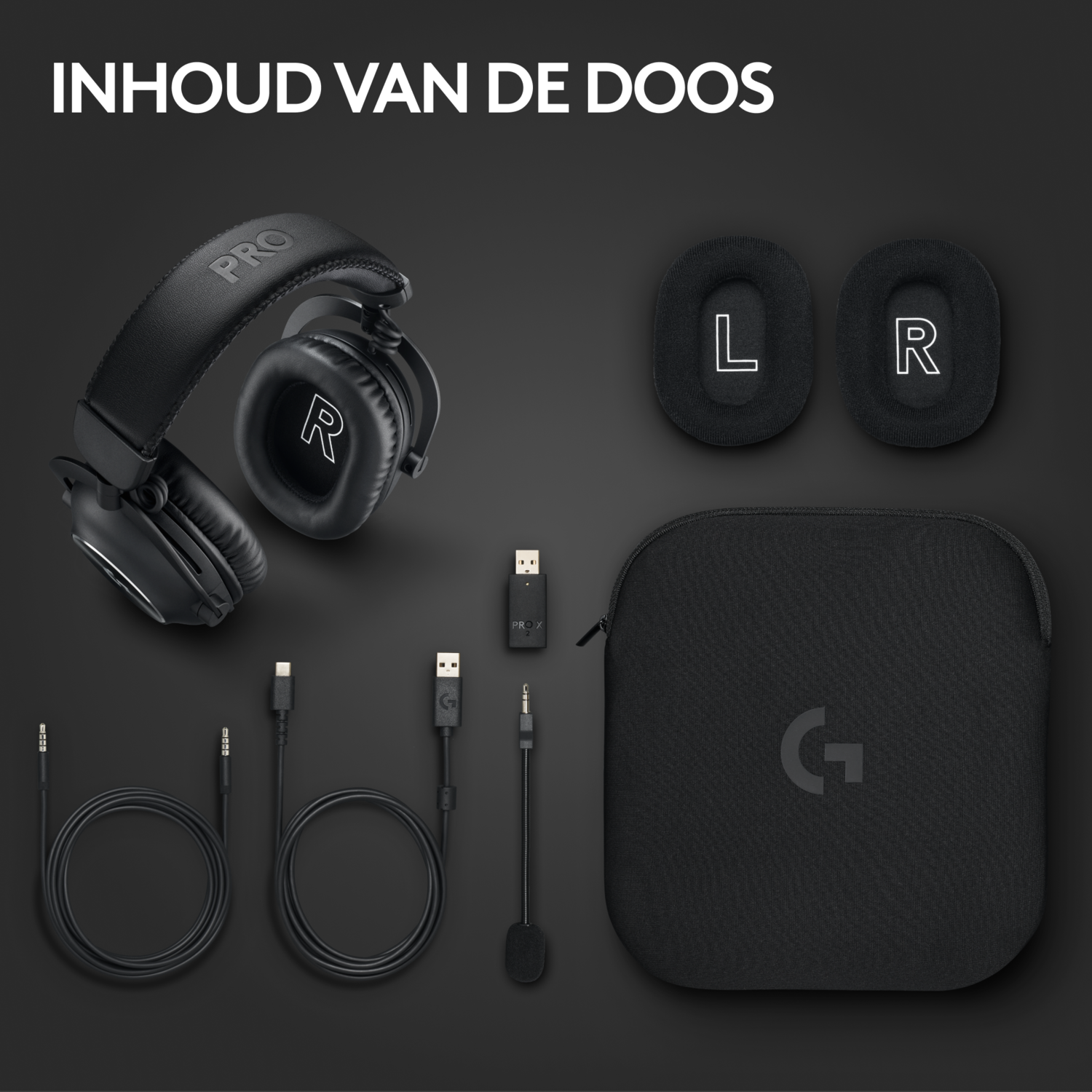 Contents of a box with headphones, ear pads, cables, and a case. Black background.