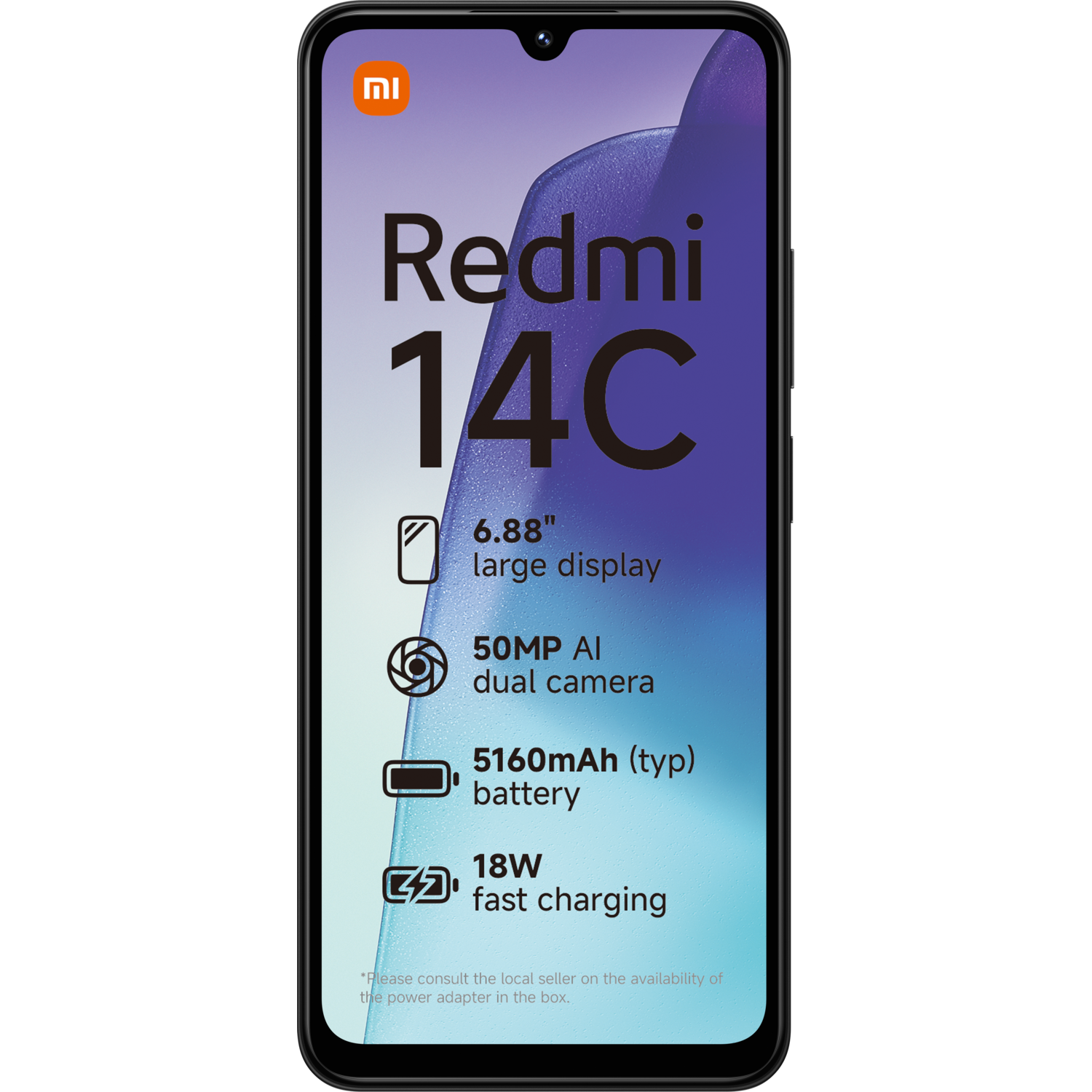 A black Redmi 14C phone. The screen shows features like a 6.88" display, 50MP camera, 5160mAh battery, and 18W fast charging.
