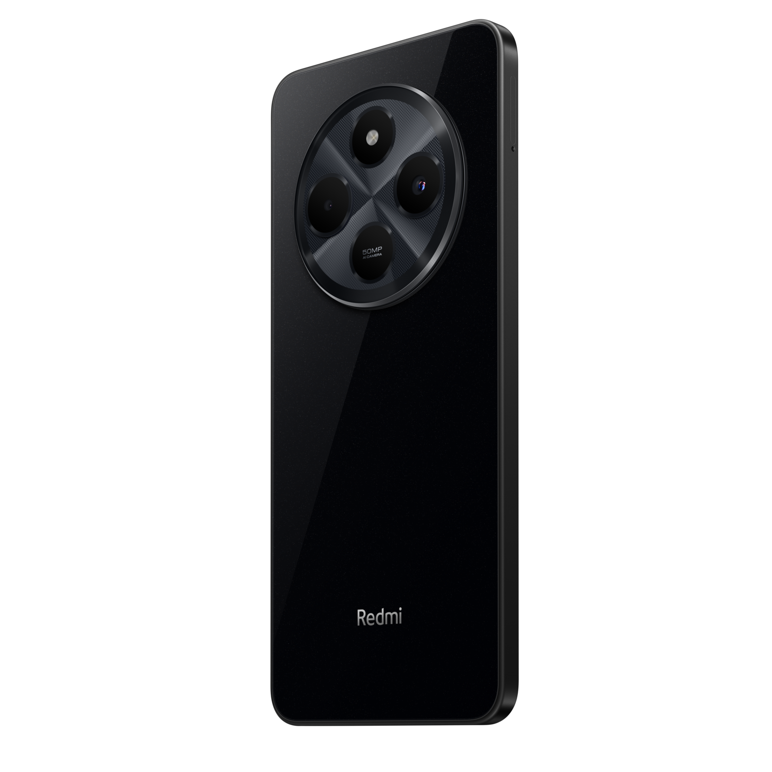 Black Redmi phone with a large, circular camera module on the back.