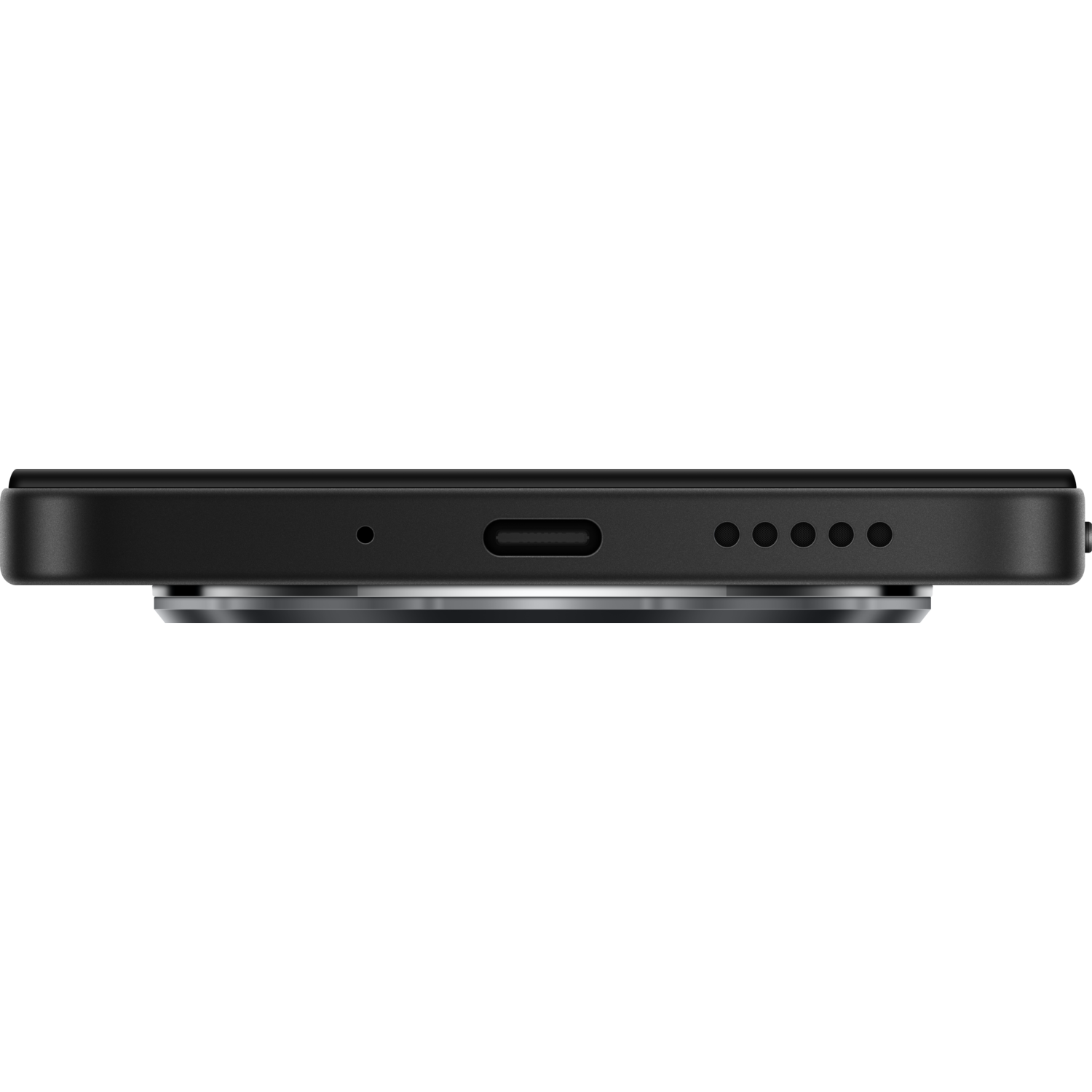 A close-up of the bottom of a black smartphone, showing the charging port.