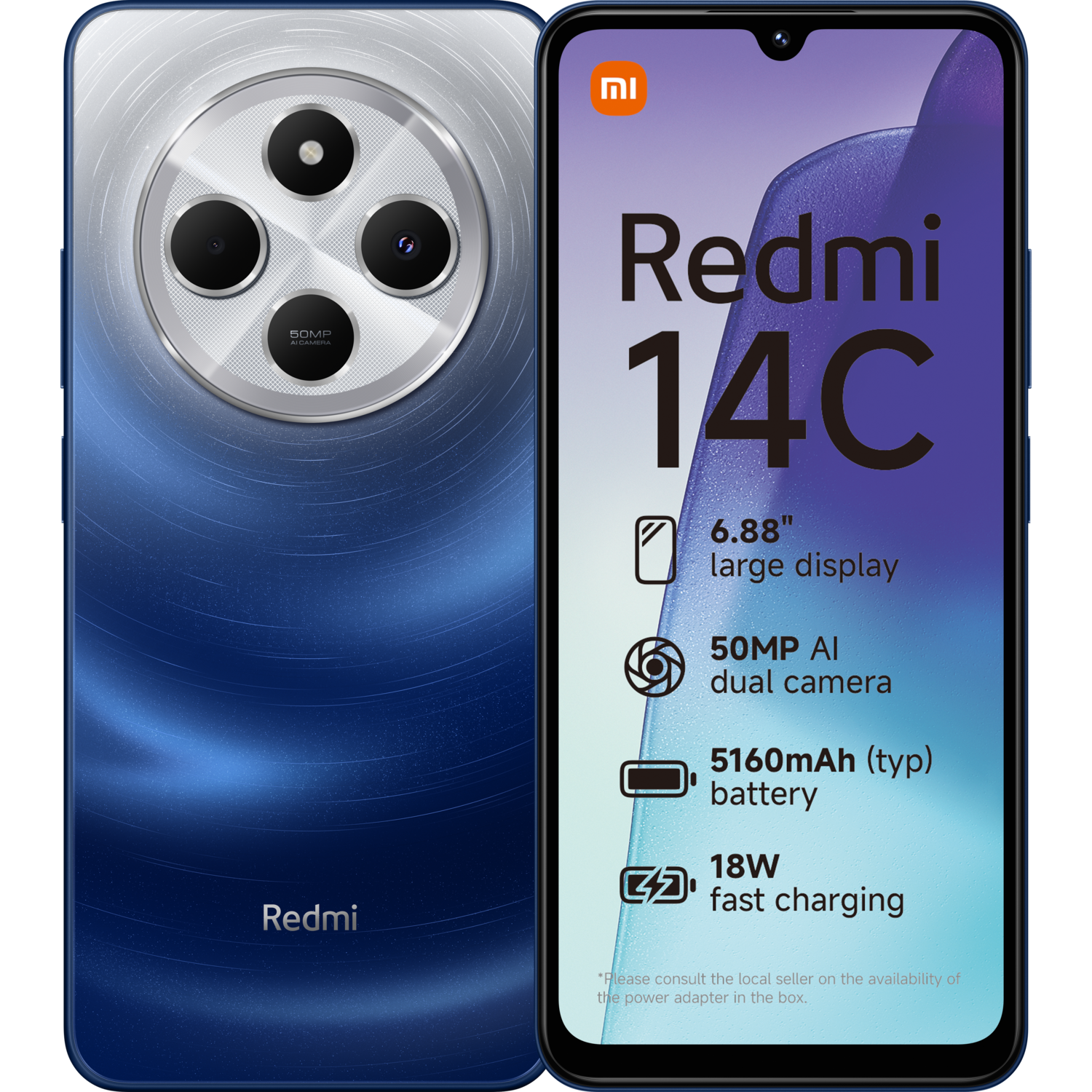 Blauwe Xiaomi Redmi 14C-telefoon met drie camera's en een scherm met tekst en afbeeldingen.