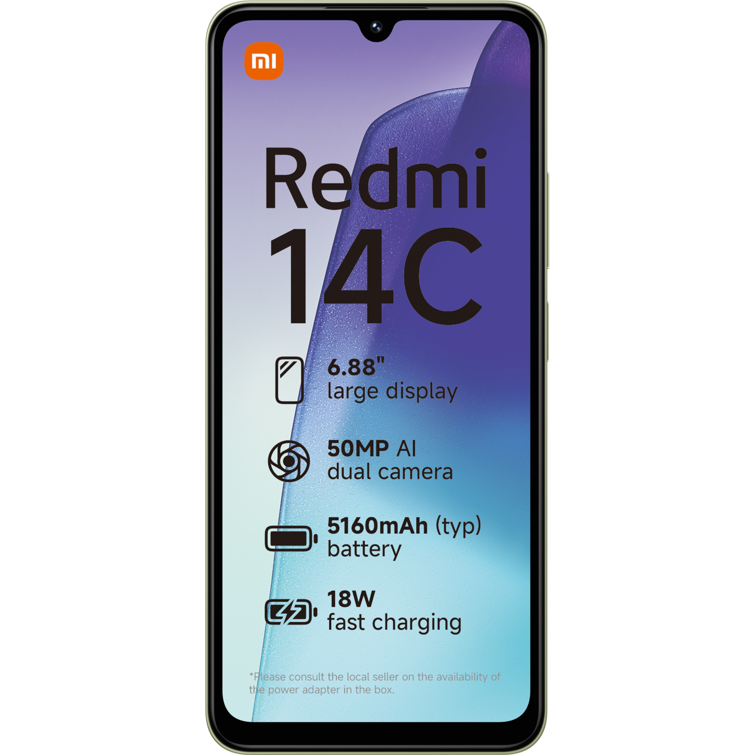 A smartphone with a large display, dual camera, 5160mAh battery, and 18W fast charging. Text: Redmi 14C.