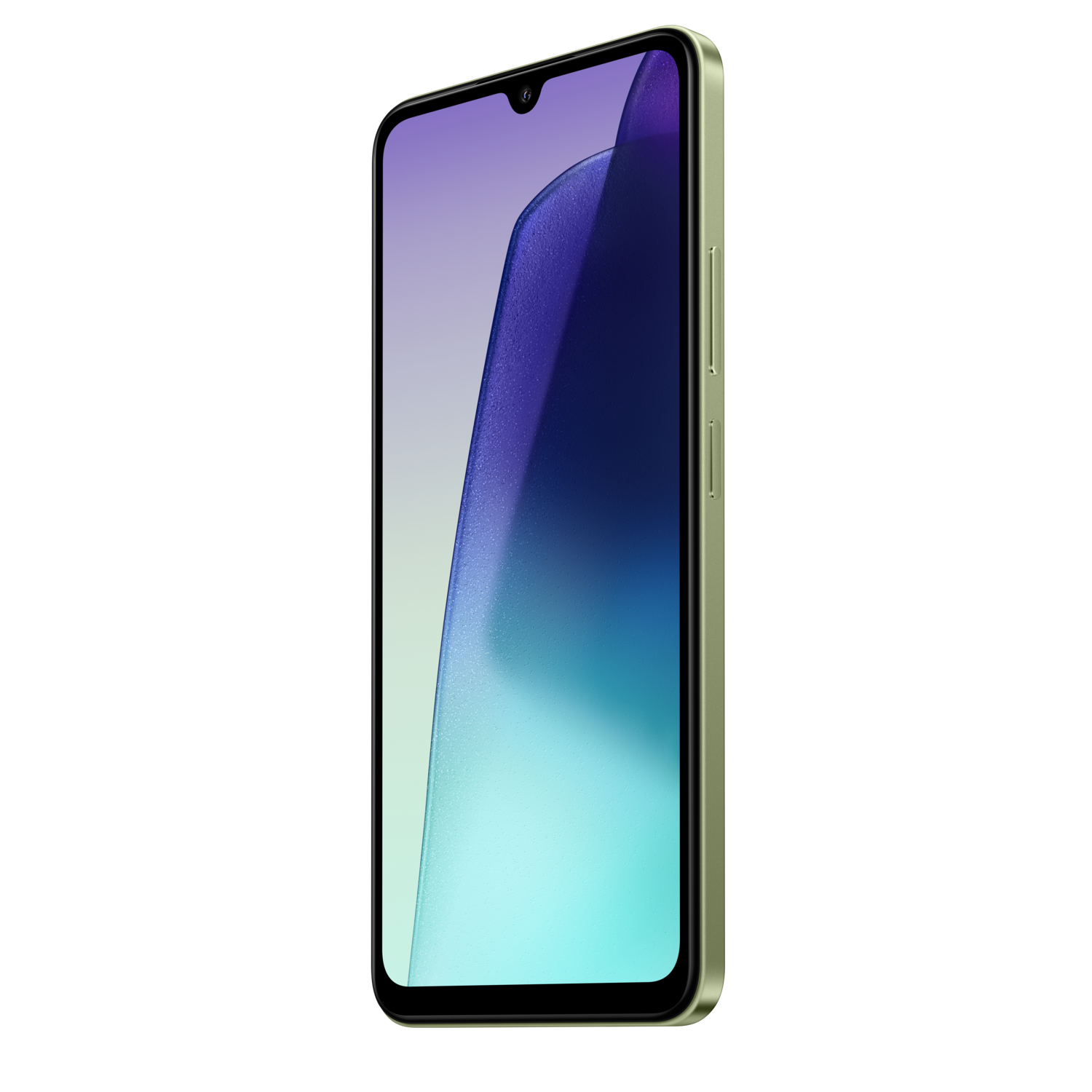A green phone with a black screen and a purple and blue gradient, on a black background.