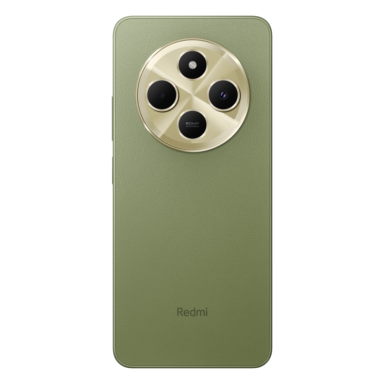 Green smartphone back with gold camera ring, three lenses, and the Redmi logo.
