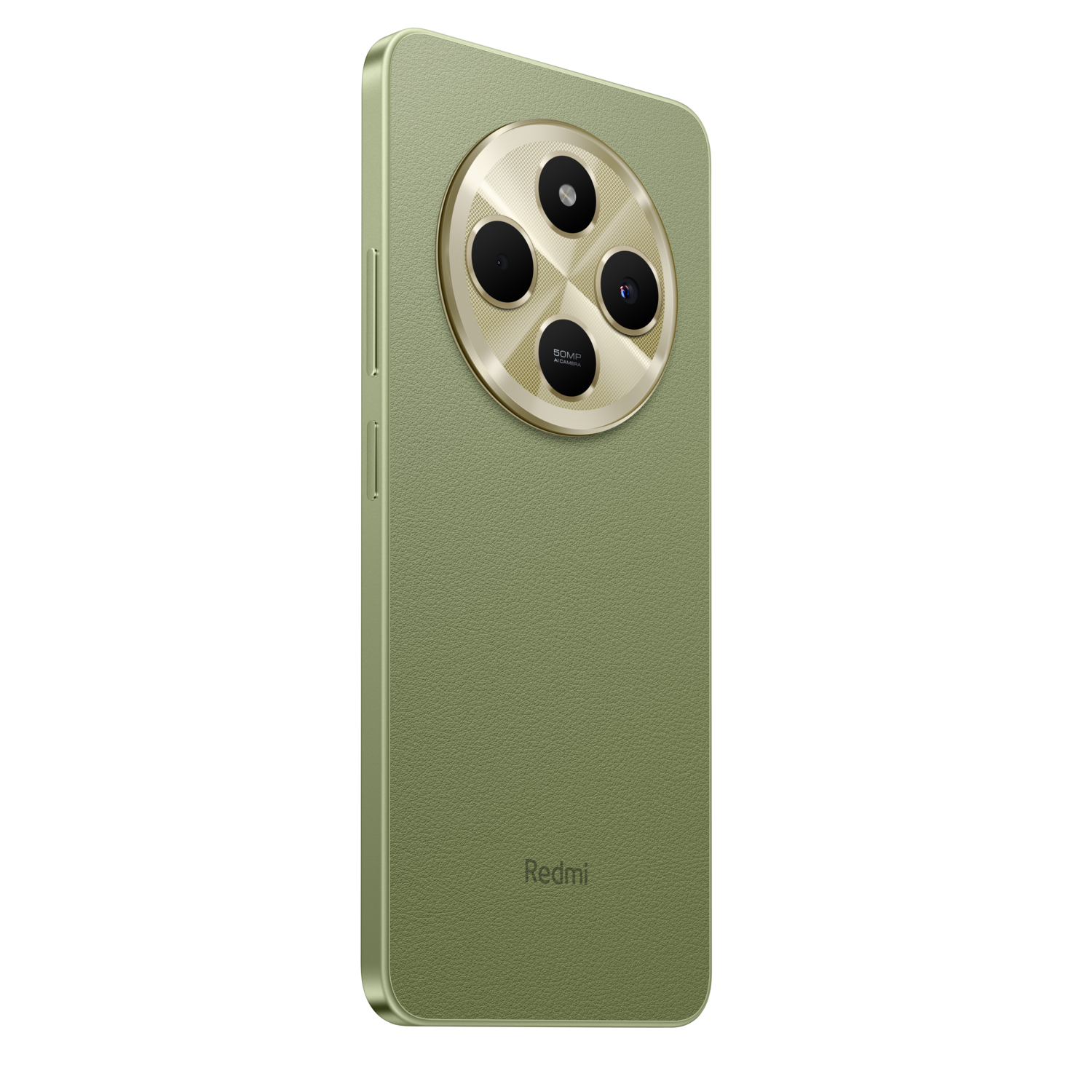 Green phone with a large camera module, gold ring, and a Redmi logo.
