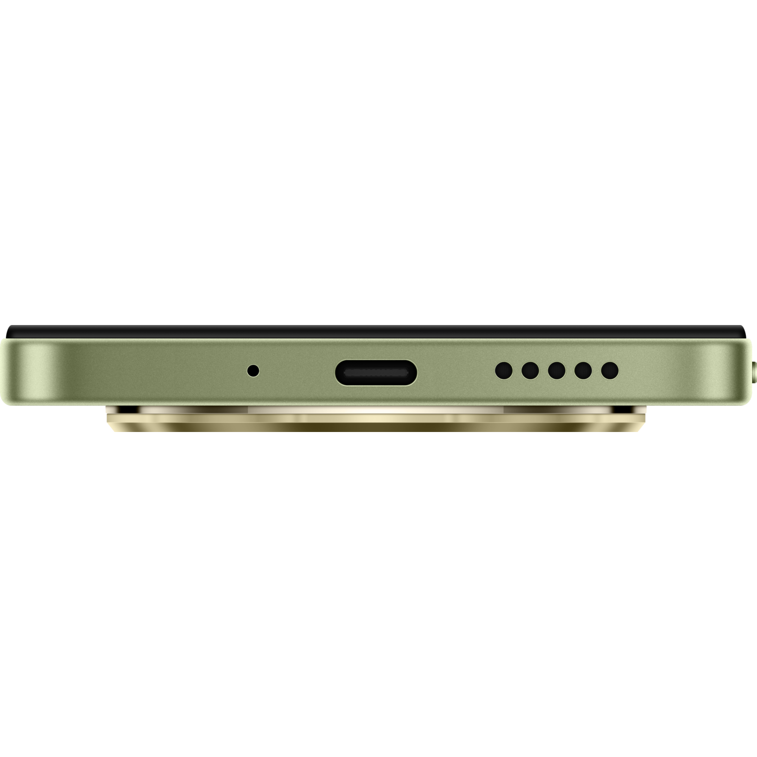 A side view of a green phone's base, showing the charging port and speaker holes.