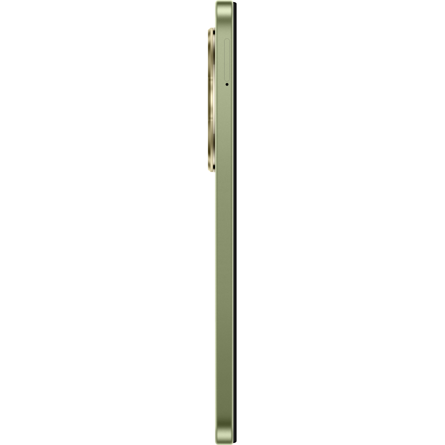 Side profile of a light green smartphone. Camera module visible on the back, black background.