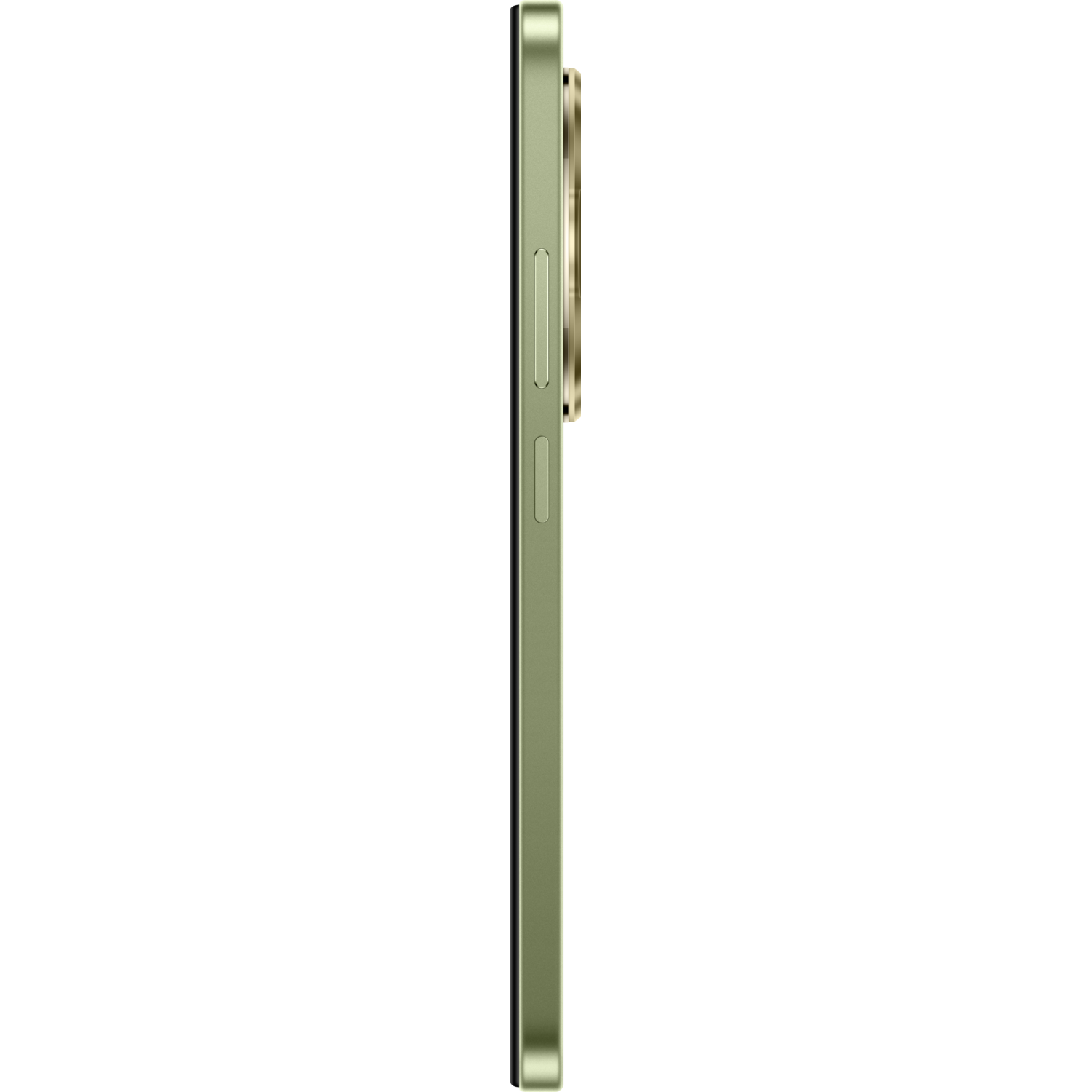 A green smartphone's side view, showing buttons and camera bump.