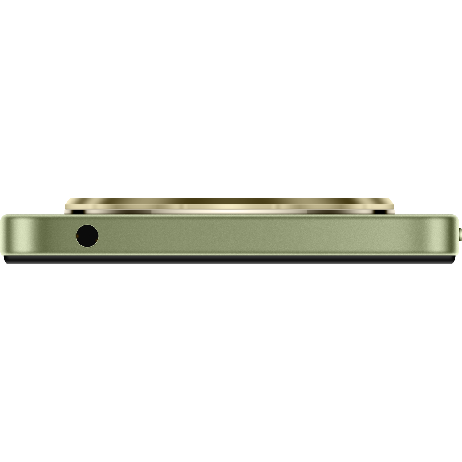 Side view of a green phone with a gold ring around the camera lens, on black.