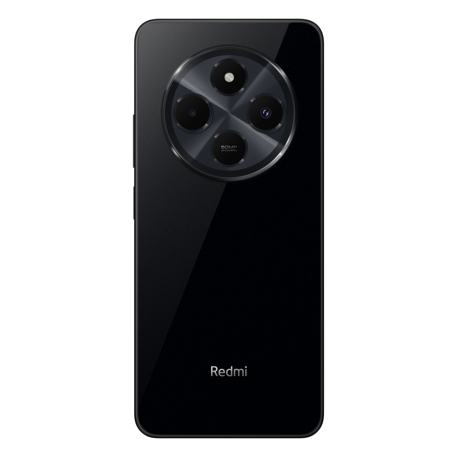 Black smartphone, back view, with three cameras in a circle. Redmi logo at the bottom.