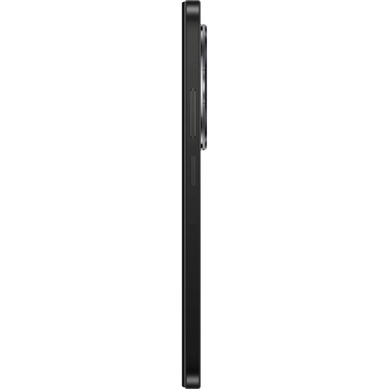 Side view of a black phone with a camera module. Solid black background.