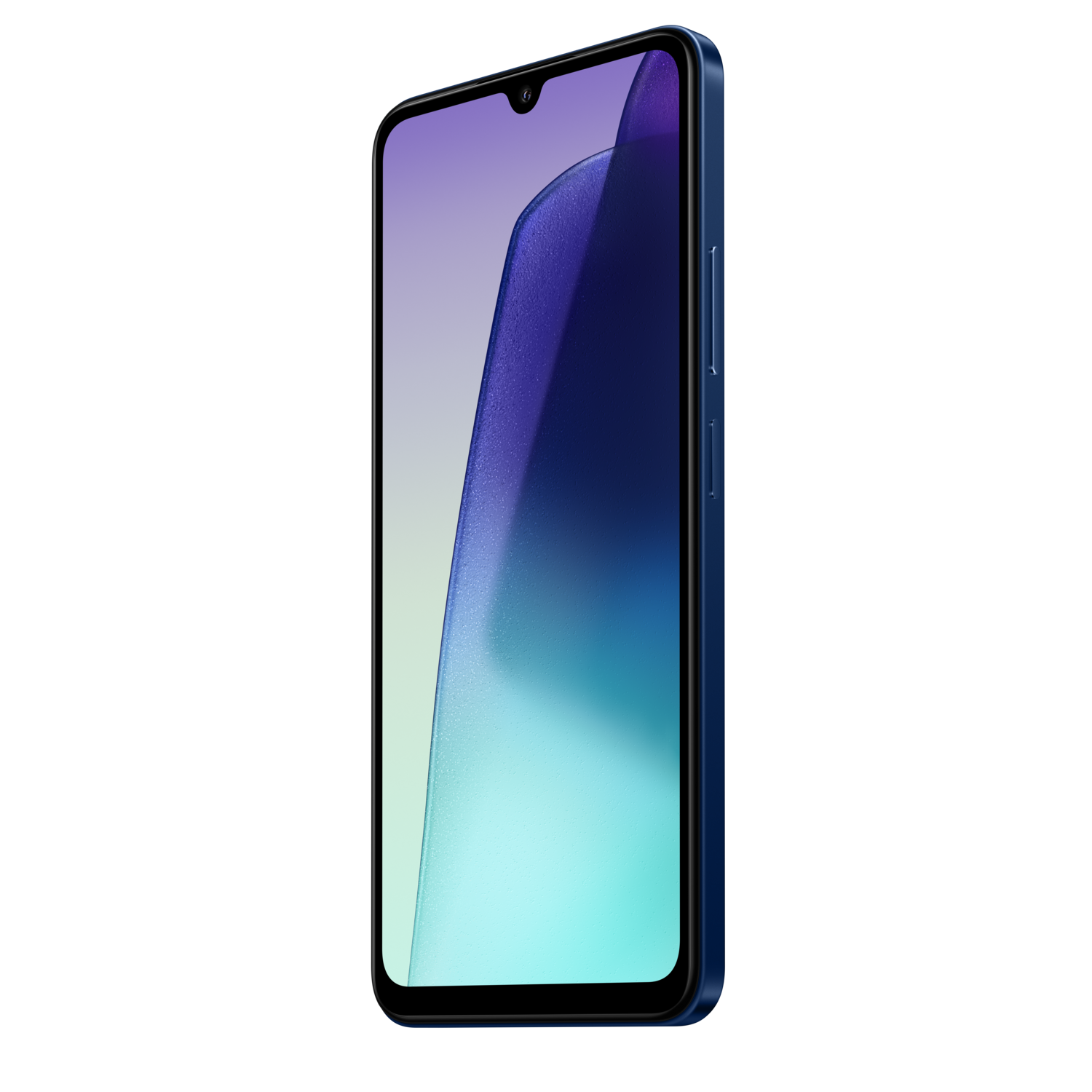 Een blauwe smartphone met een scherm dat een wallpaper met blauwe en paarse verlopen weergeeft.