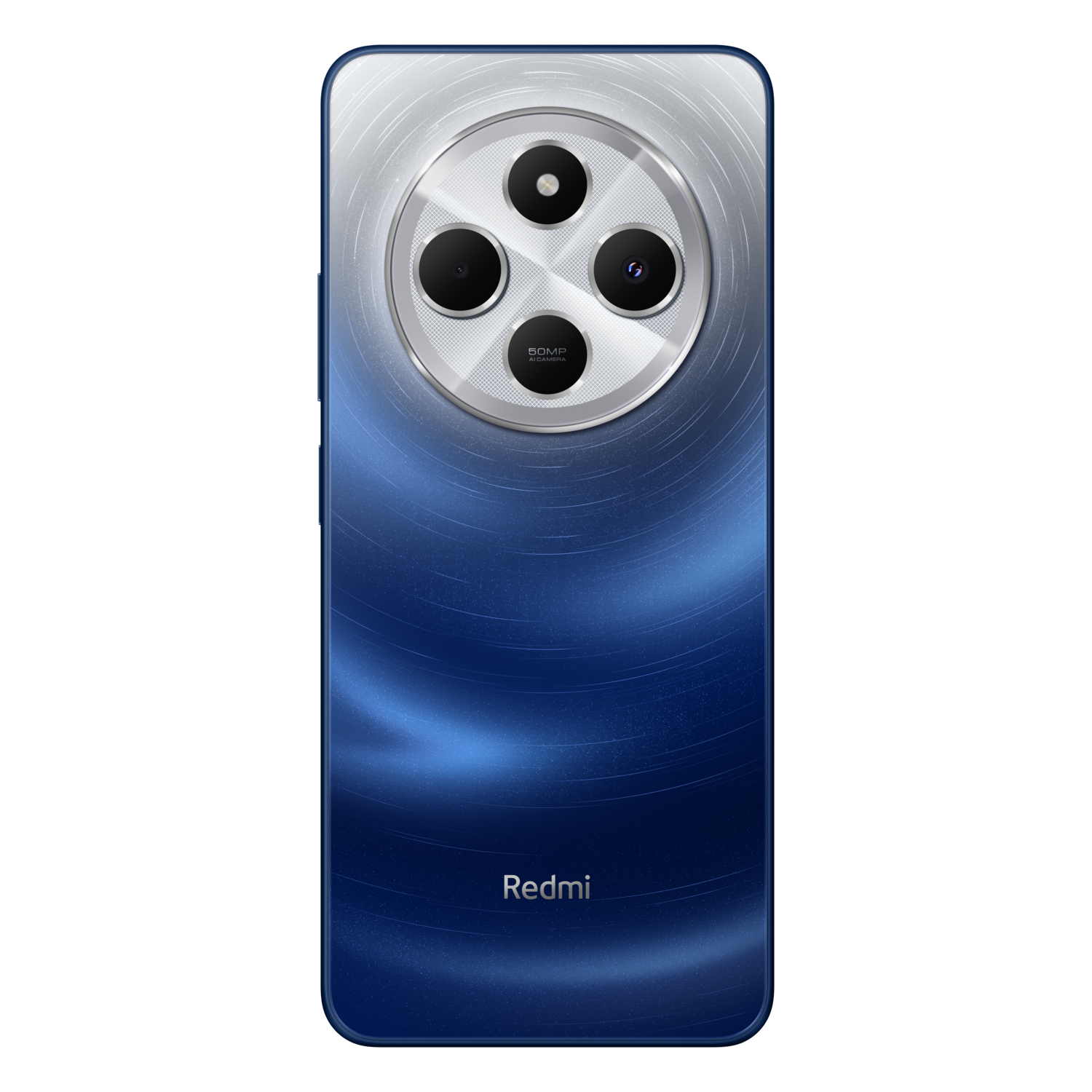 De achterkant van een blauwe telefoon met cameramodule. De telefoon heeft drie lenzen en een flitser.