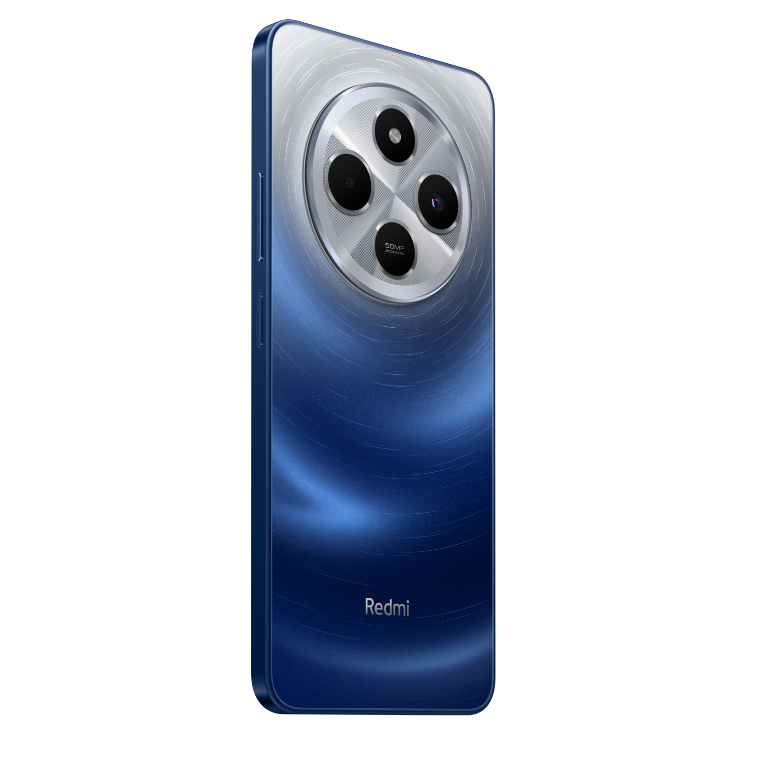 Blauwe telefoonachterkant met zilveren cirkeldesign, meerdere camera's. RedMi logo.