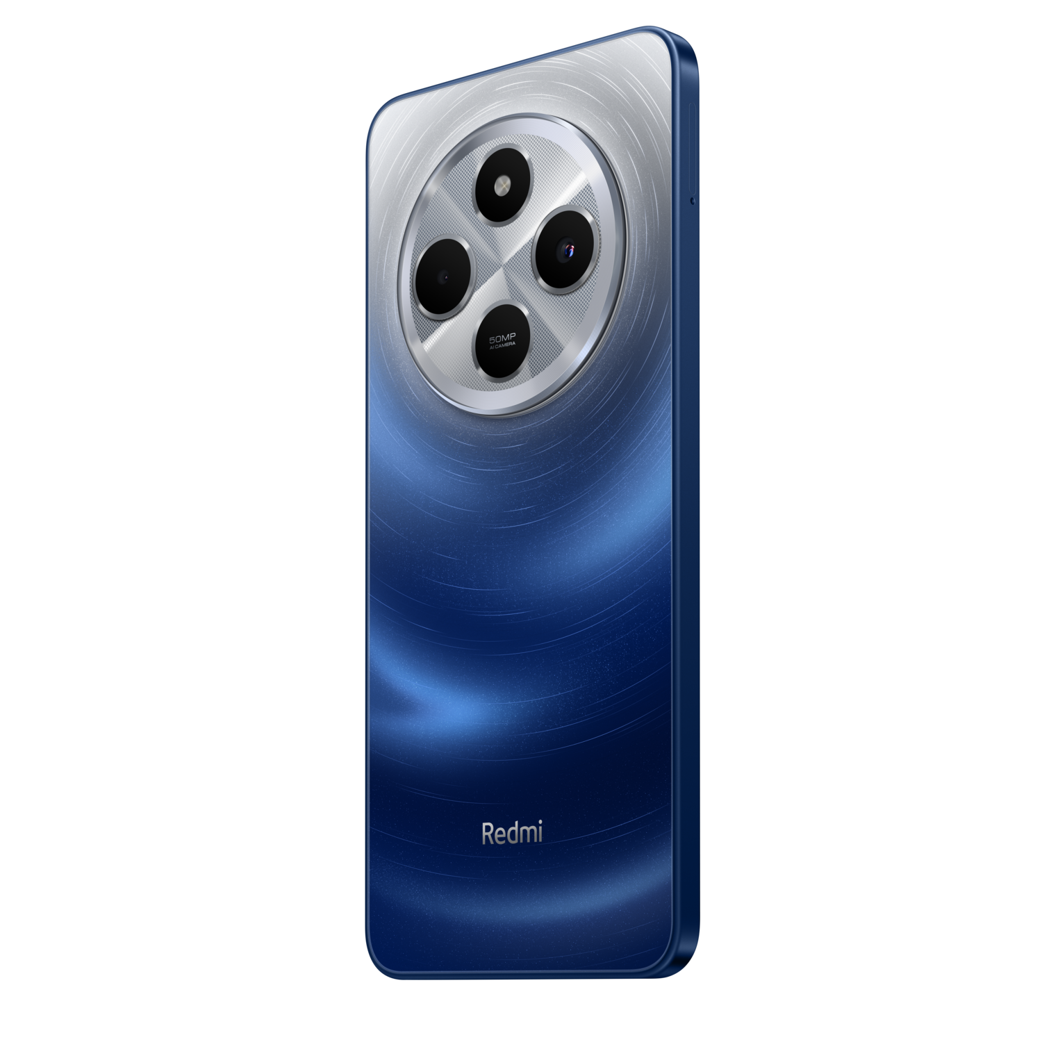 Blauwe telefoon met camera-array, zijaanzicht, op zwarte achtergrond. Redmi-logo onderaan.
