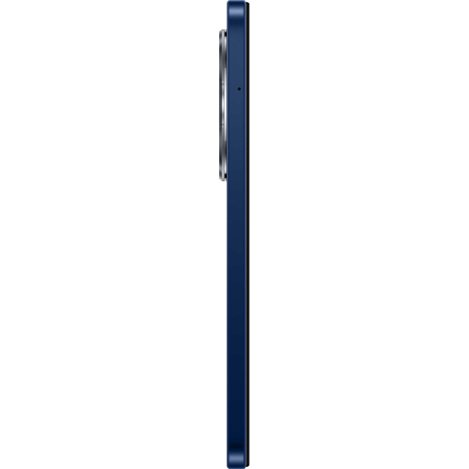 Zijaanzicht van een marineblauwe smartphone. Zwarte achtergrond.