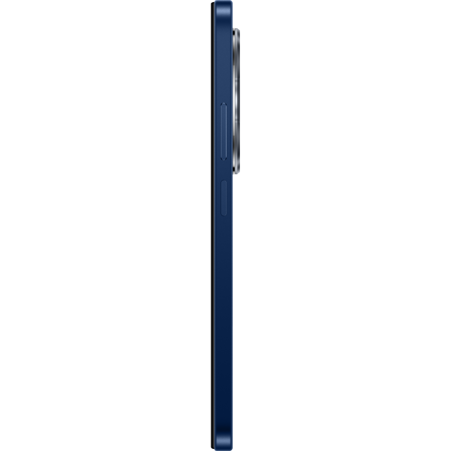 Zijaanzicht van een donkerblauwe smartphone met een glanzende zilveren cameramodule.