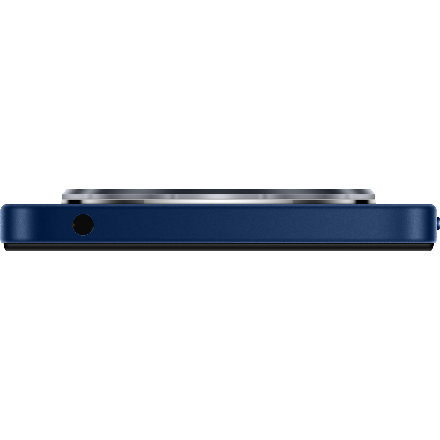 Close-up van de onderrand van een telefoon, donkerblauw, met een oplaadpoort.