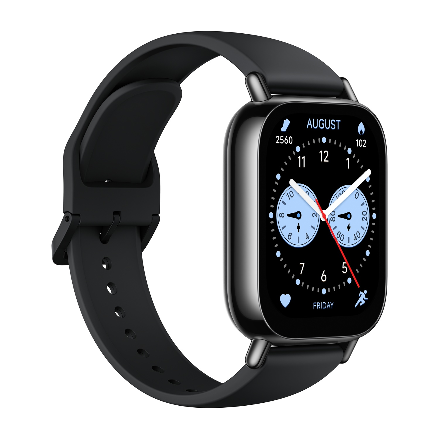 Smartwatch nero con cinturino nero, mostra l'ora e altre metriche.