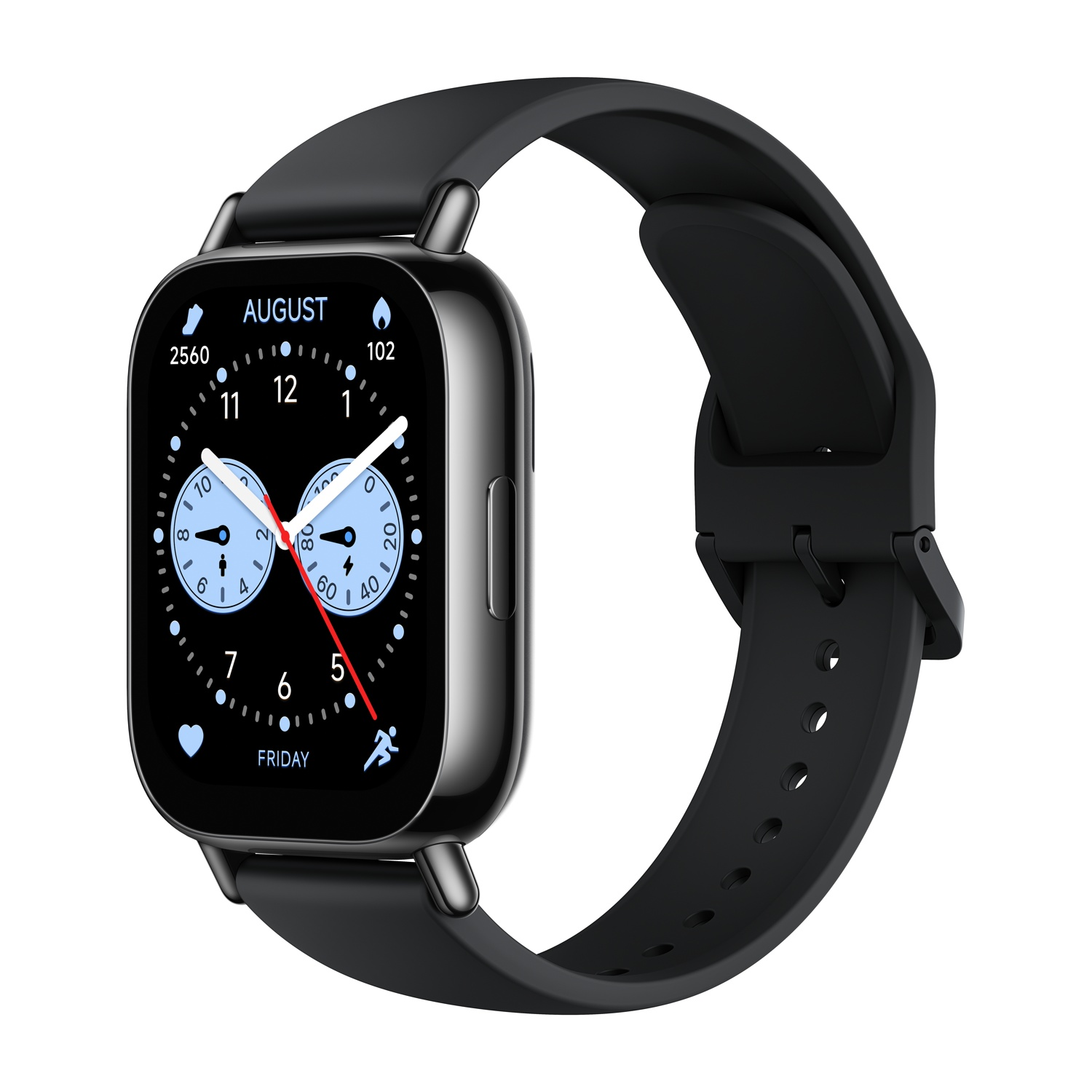 Smartwatch nero con cinturino nero, che mostra quadrante con ora e data, sfondo bianco.