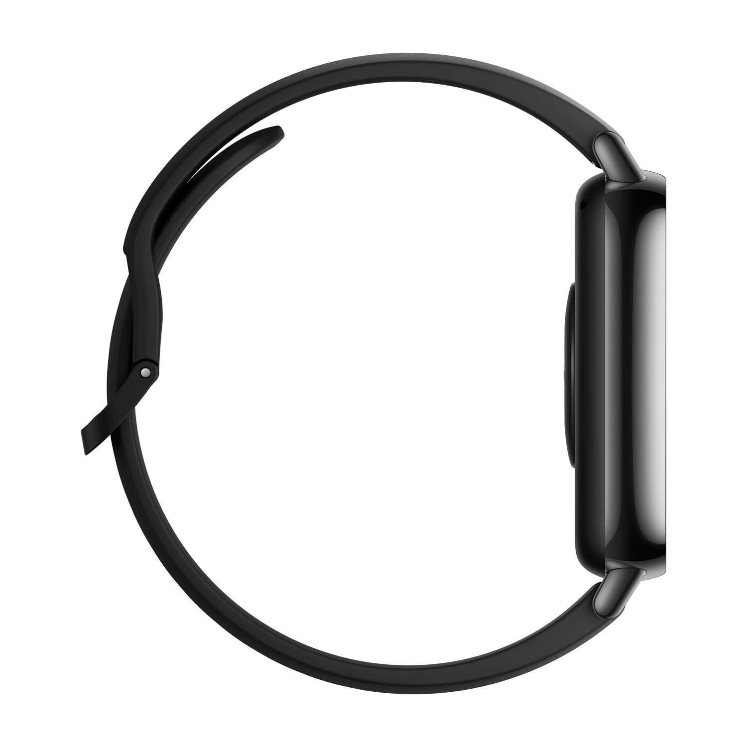 Uno smartwatch nero. Ha un quadrante quadrato e un cinturino nero.