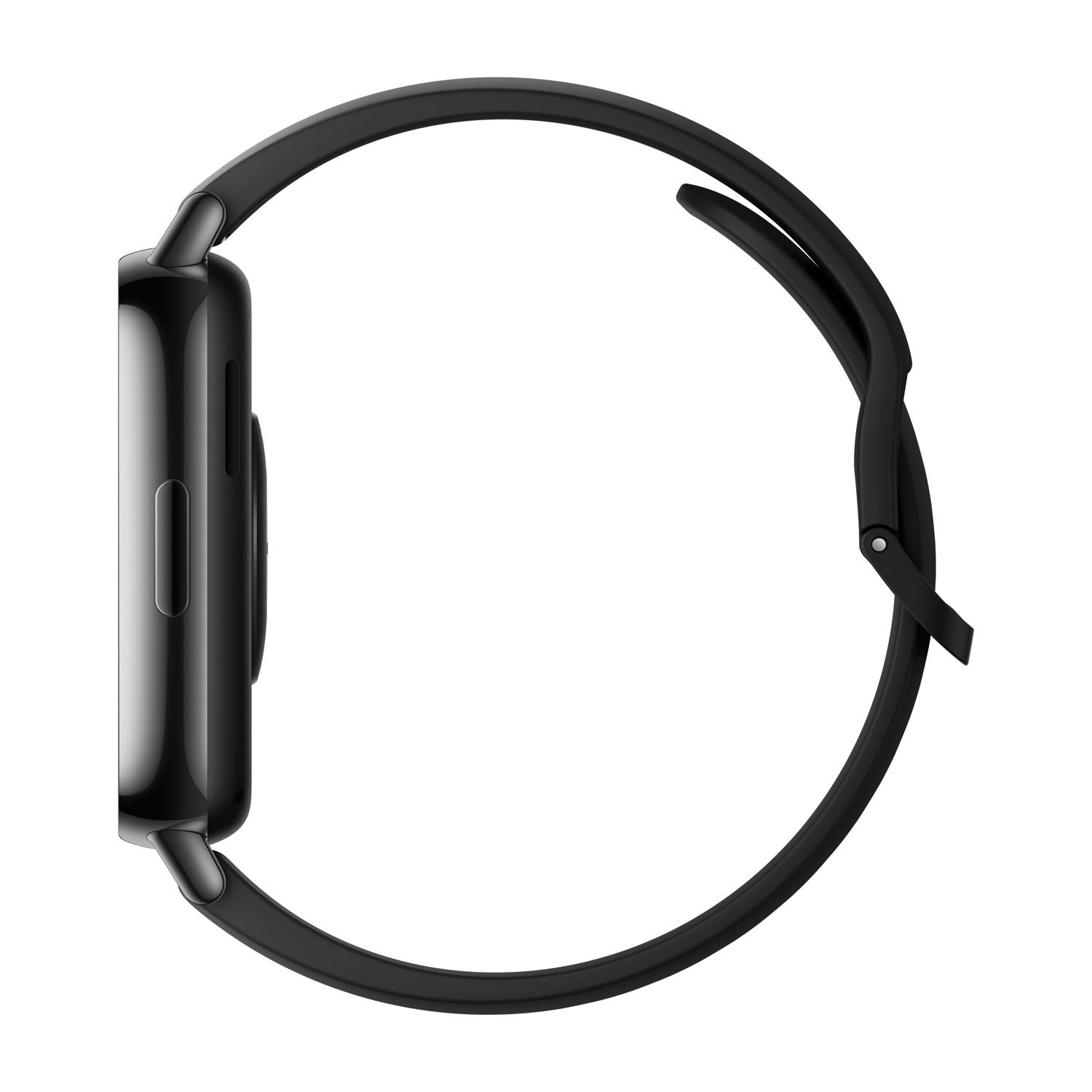 Vista laterale di uno smartwatch nero con cinturino nero, su sfondo bianco.
