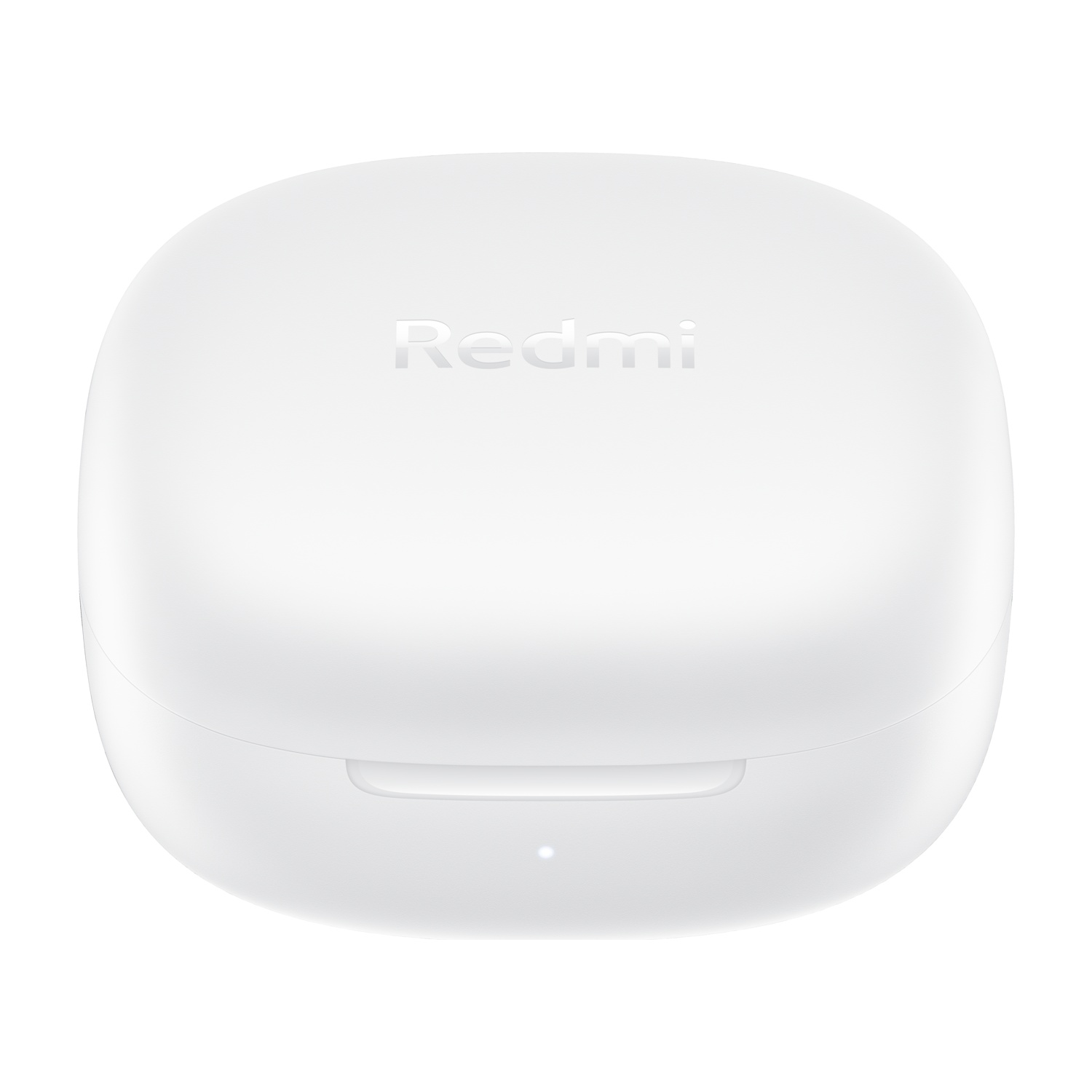 Custodia di ricarica bianca per auricolari Redmi, vista dall'alto, con logo Redmi.