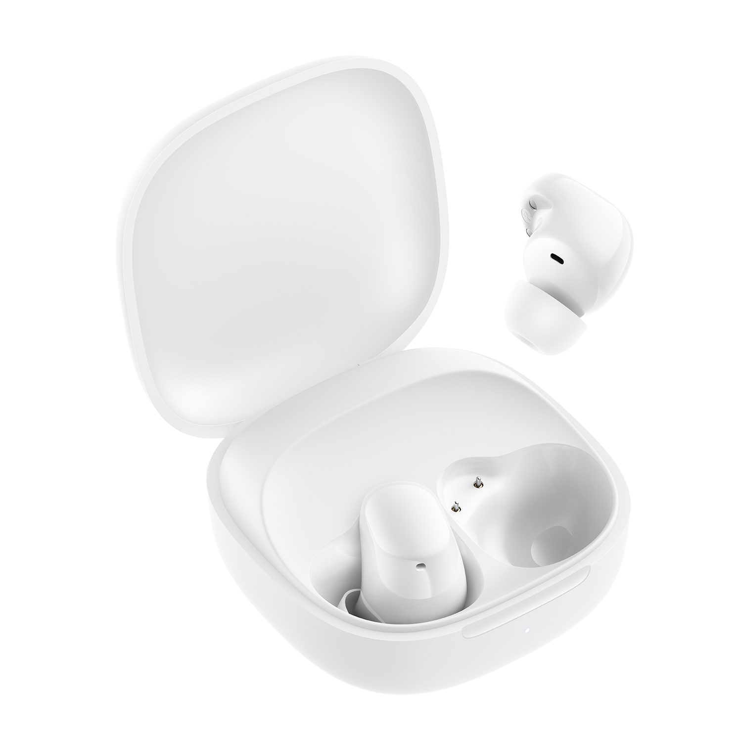 Auricolari wireless bianchi e custodia di ricarica, aperti, su sfondo bianco.