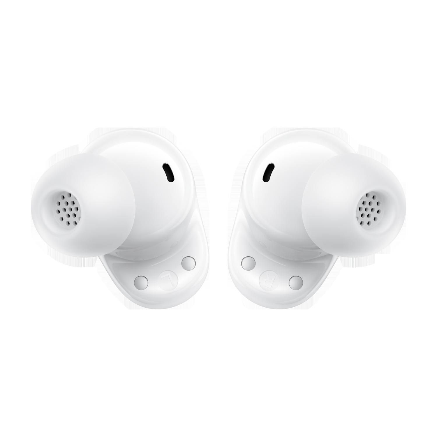 Due auricolari bianchi dal design rotondo, angolati per mostrare gli altoparlanti e i punti di ricarica.