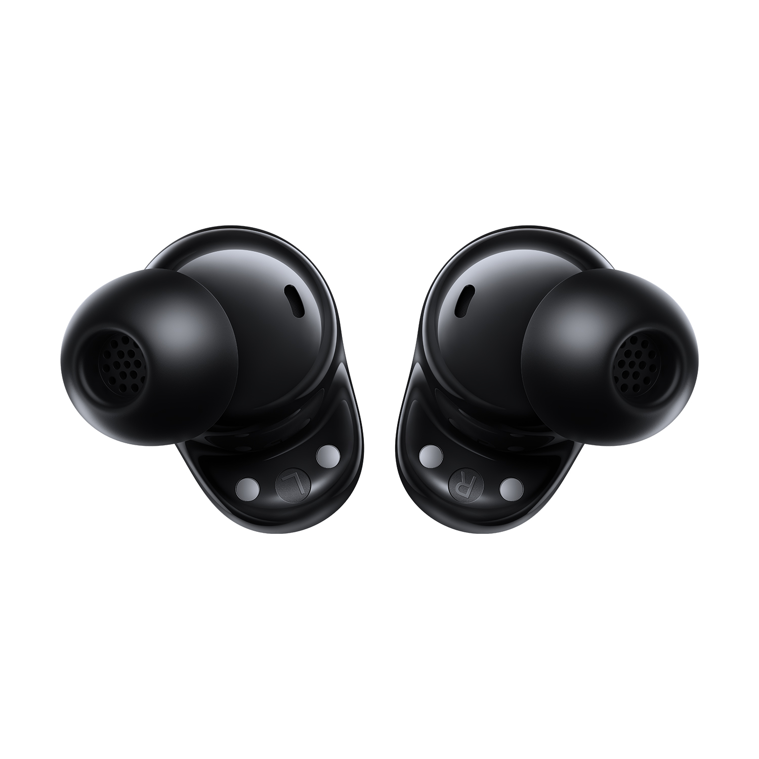 Auricolari wireless neri su sfondo bianco. Ognuno ha un corpo principale e un piccolo gommino.