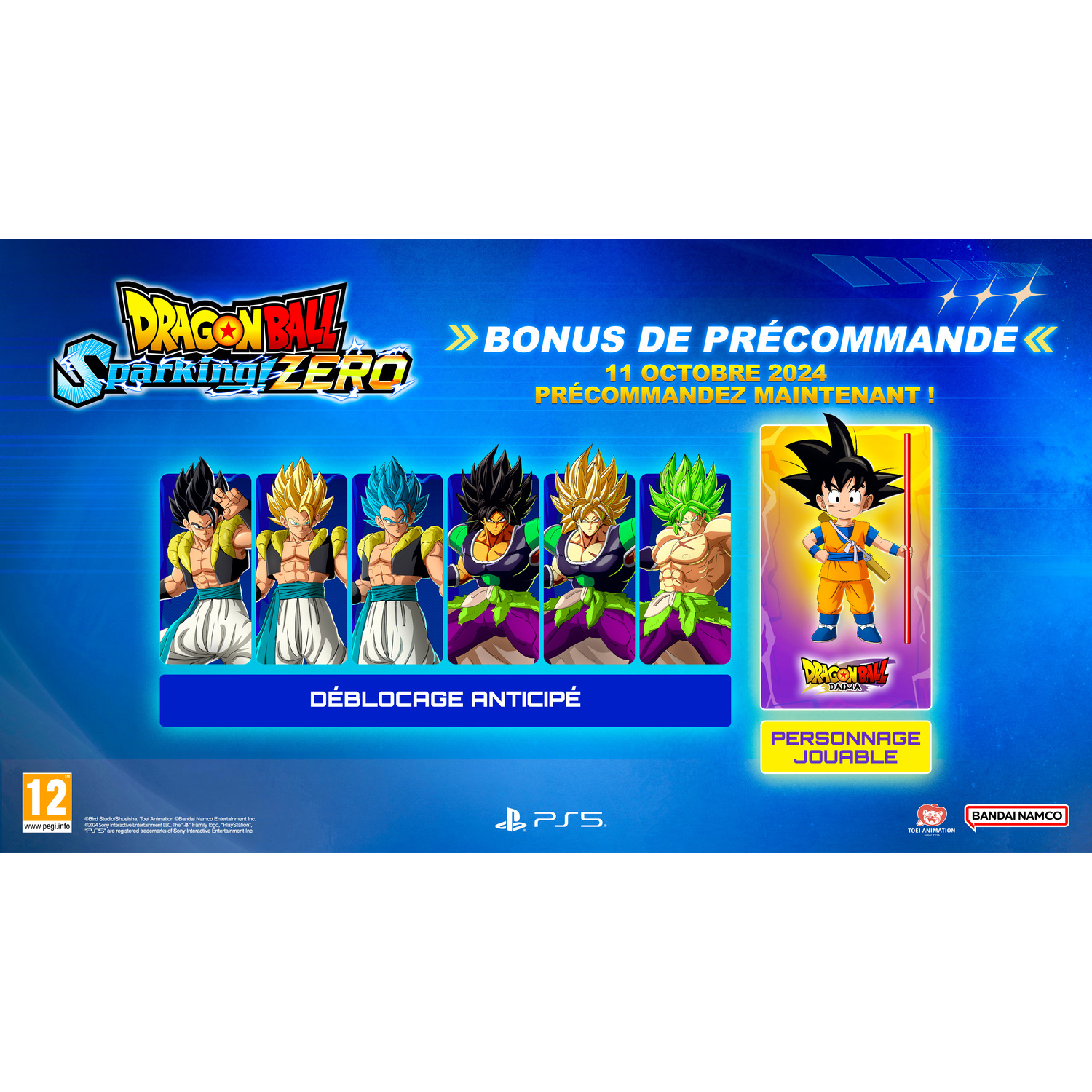 Image promotionnelle du jeu Dragon Ball Z. Comprend plusieurs personnages et un bonus Goku. Fond bleu.