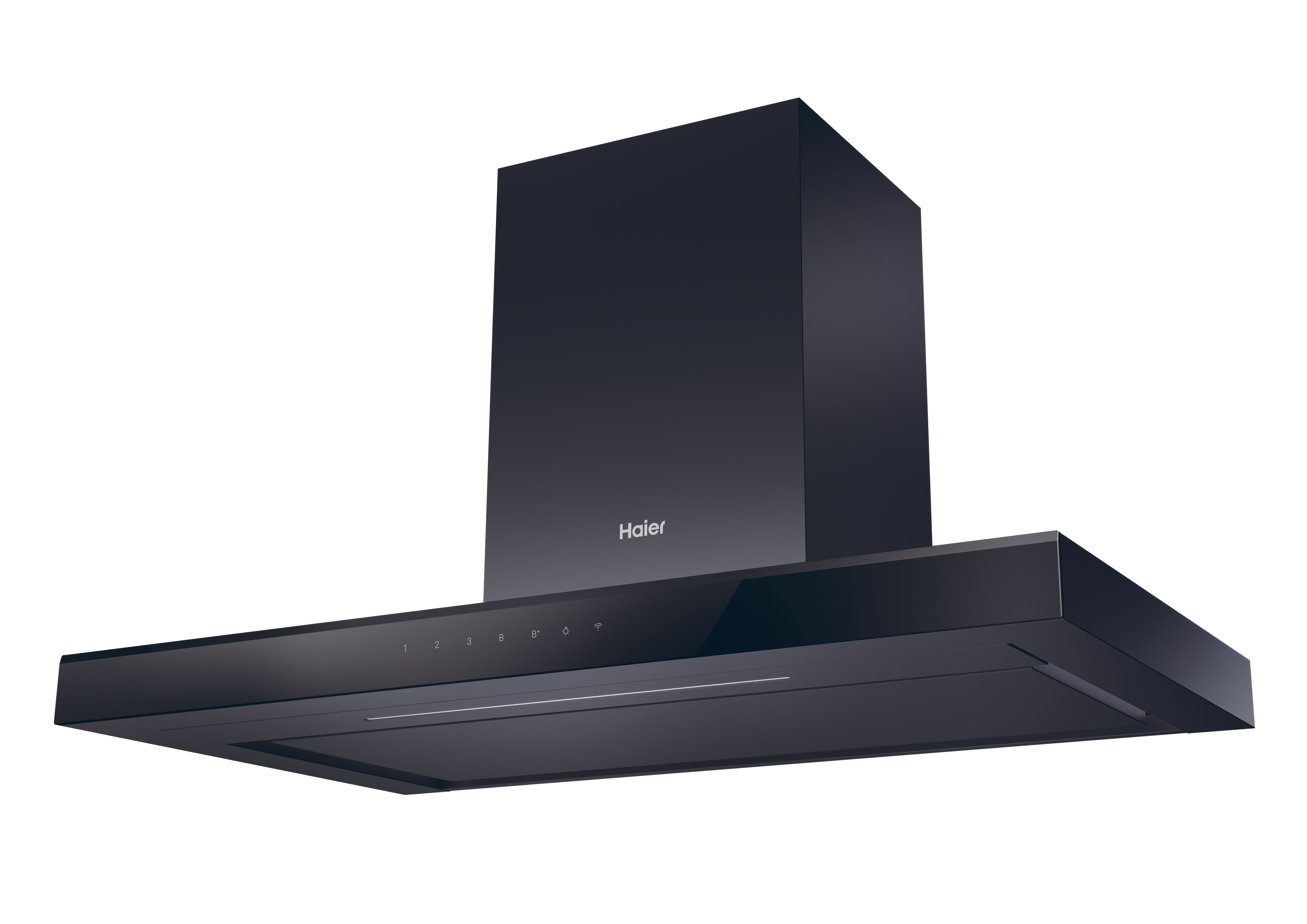 Una campana extractora Haier negra con una pantalla digital, sobre un fondo blanco.