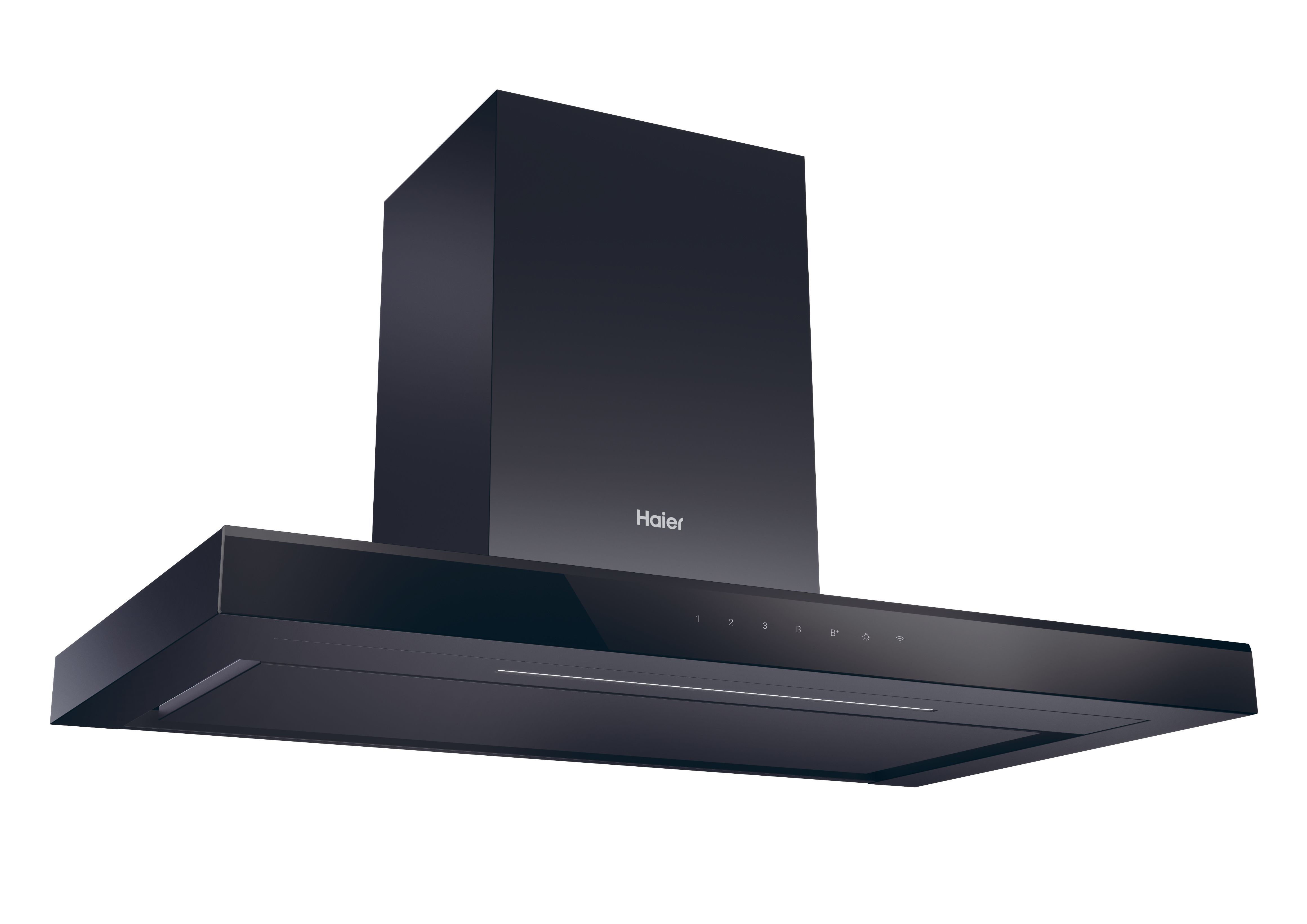 Campana extractora negra con botones, logo Haier y fondo negro.