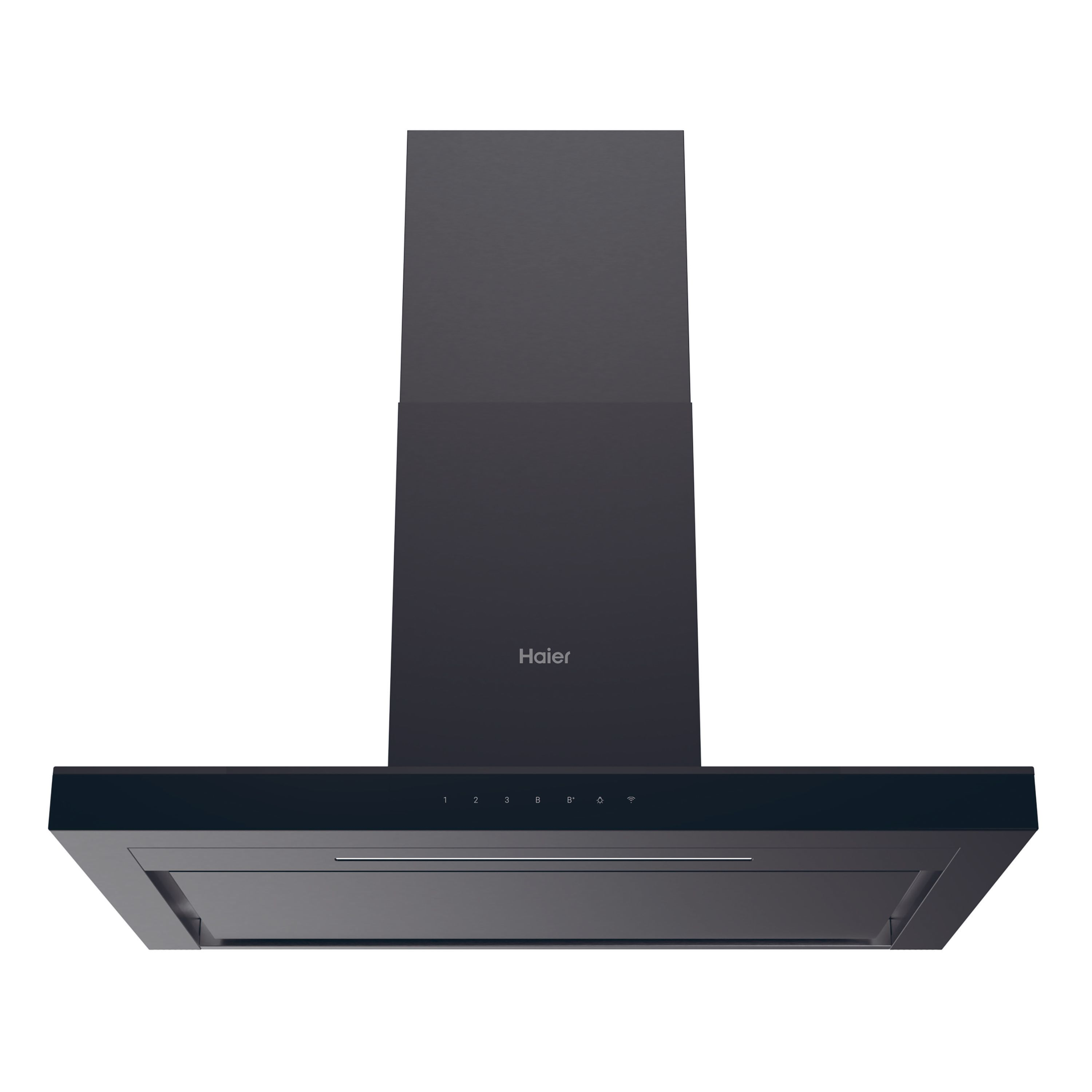 Una campana extractora negra con diseño rectangular y pantalla digital. El logotipo de Haier es visible.